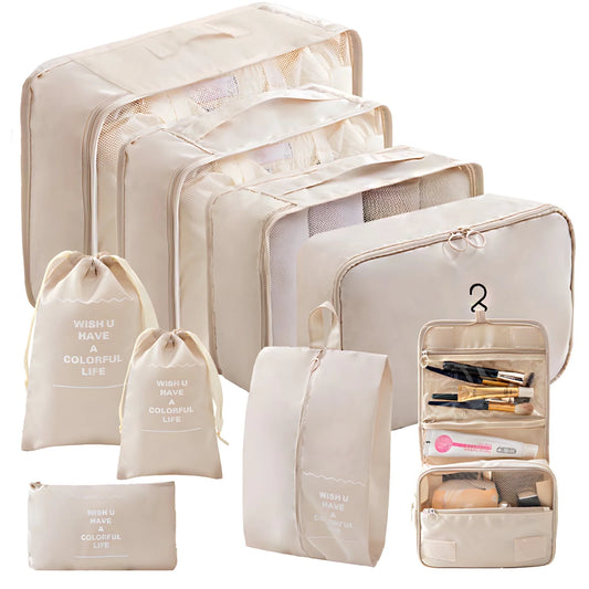 Packing Cubes - 9 PCS Travel Pouch Set, Compression Bags for Travel, Suitcase Essentials Organizer Bags Set, Beige
