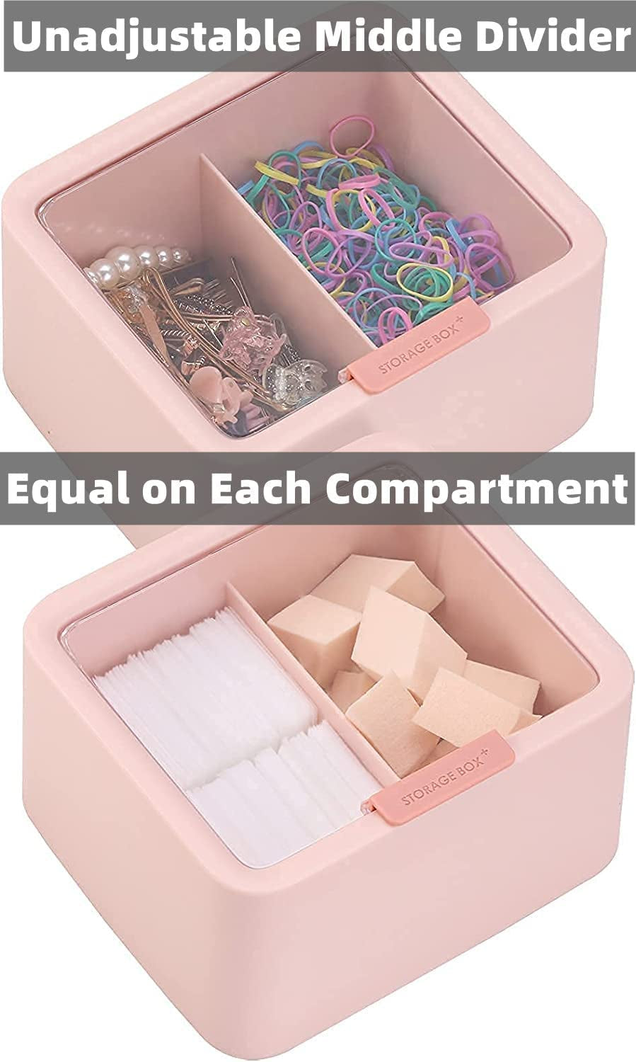 Qtips Storage Organizer - 2-Grid Dispenser with Hinged Lids for Swabs, Balls, Pads, Pink