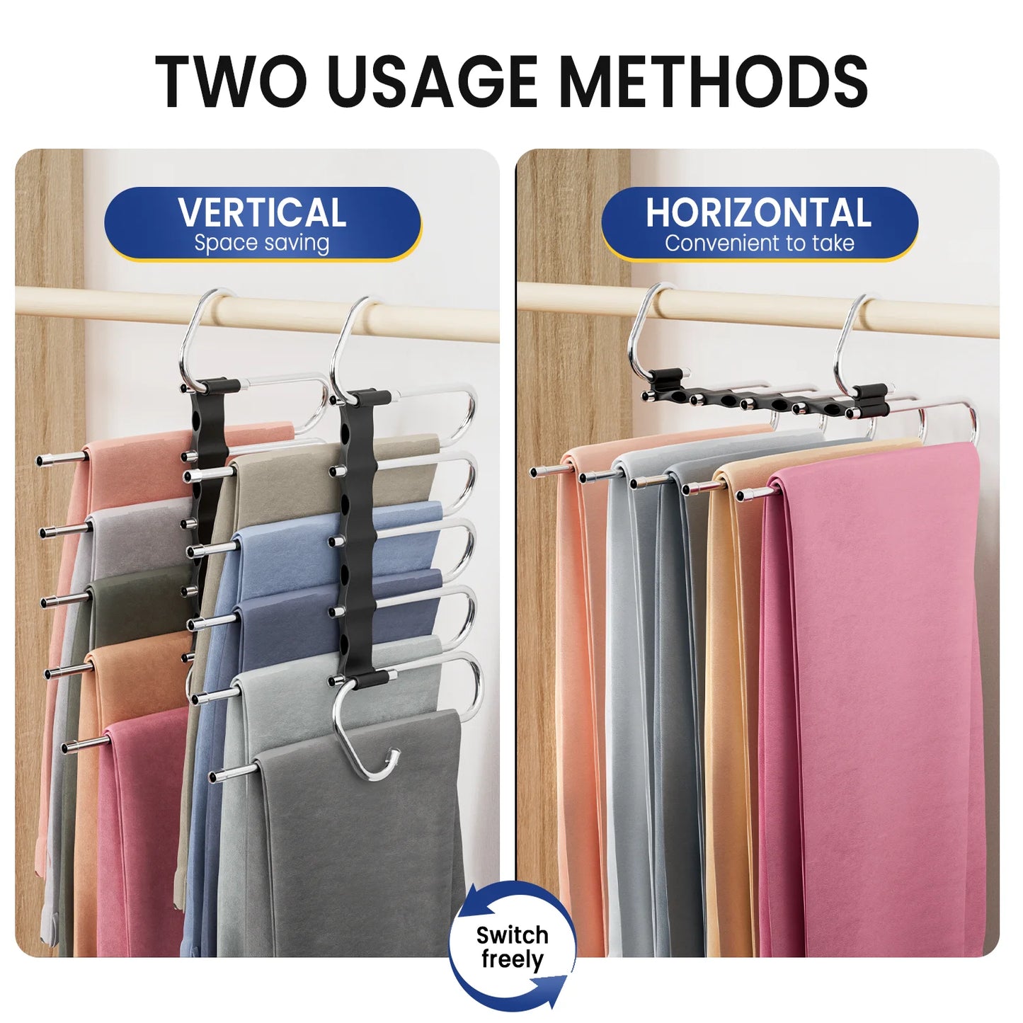 Clothes Hangers for Pants,5-Tier Space Saving with Anti-Slip Coated Rods,Stainless Steel & ABS Plastic,Foldable for Travel & Closet Organization,2 Pack,Black