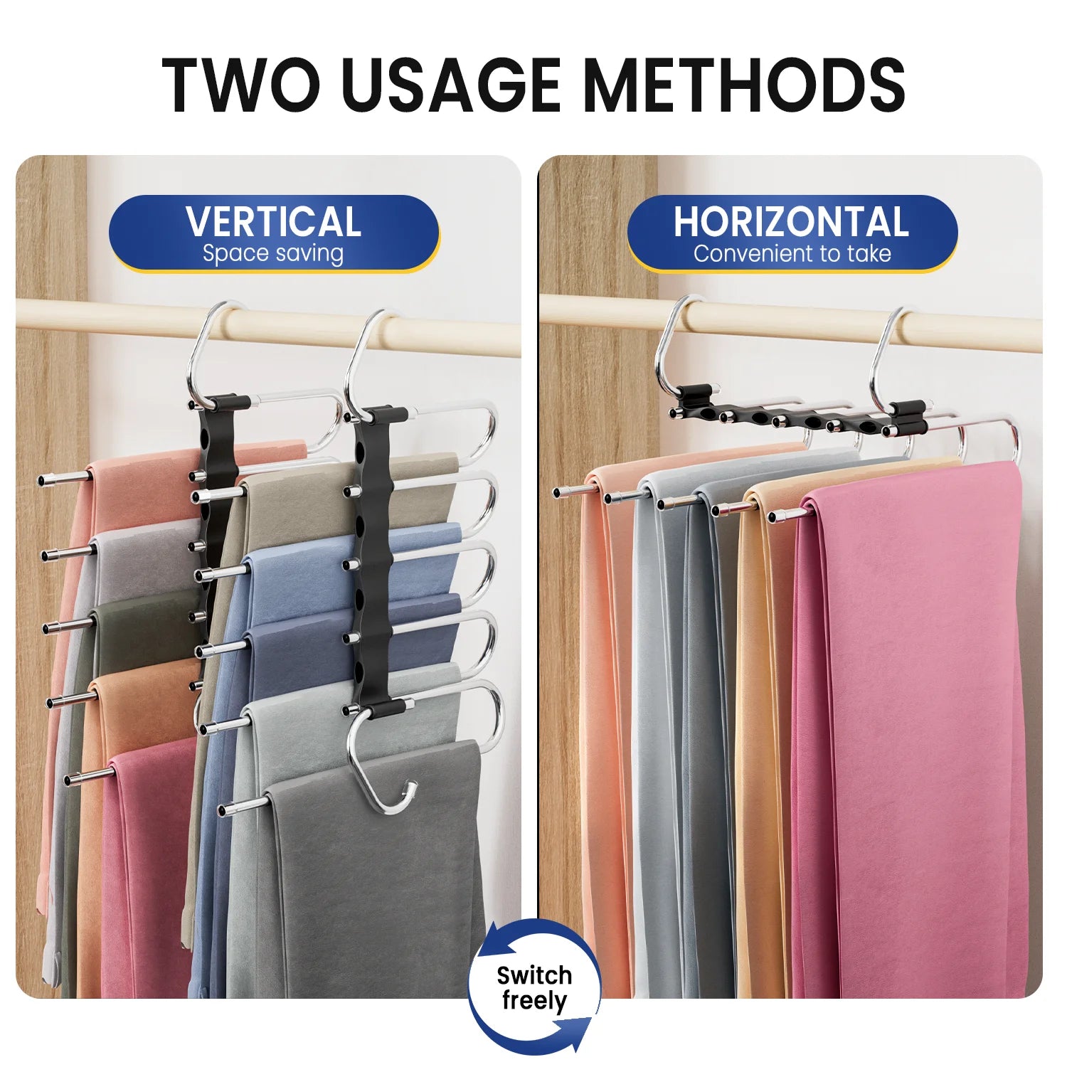 Clothes Hangers for Pants,5-Tier Space Saving with Anti-Slip Coated Rods,Stainless Steel & ABS Plastic,Foldable for Travel & Closet Organization,2 Pack,Black