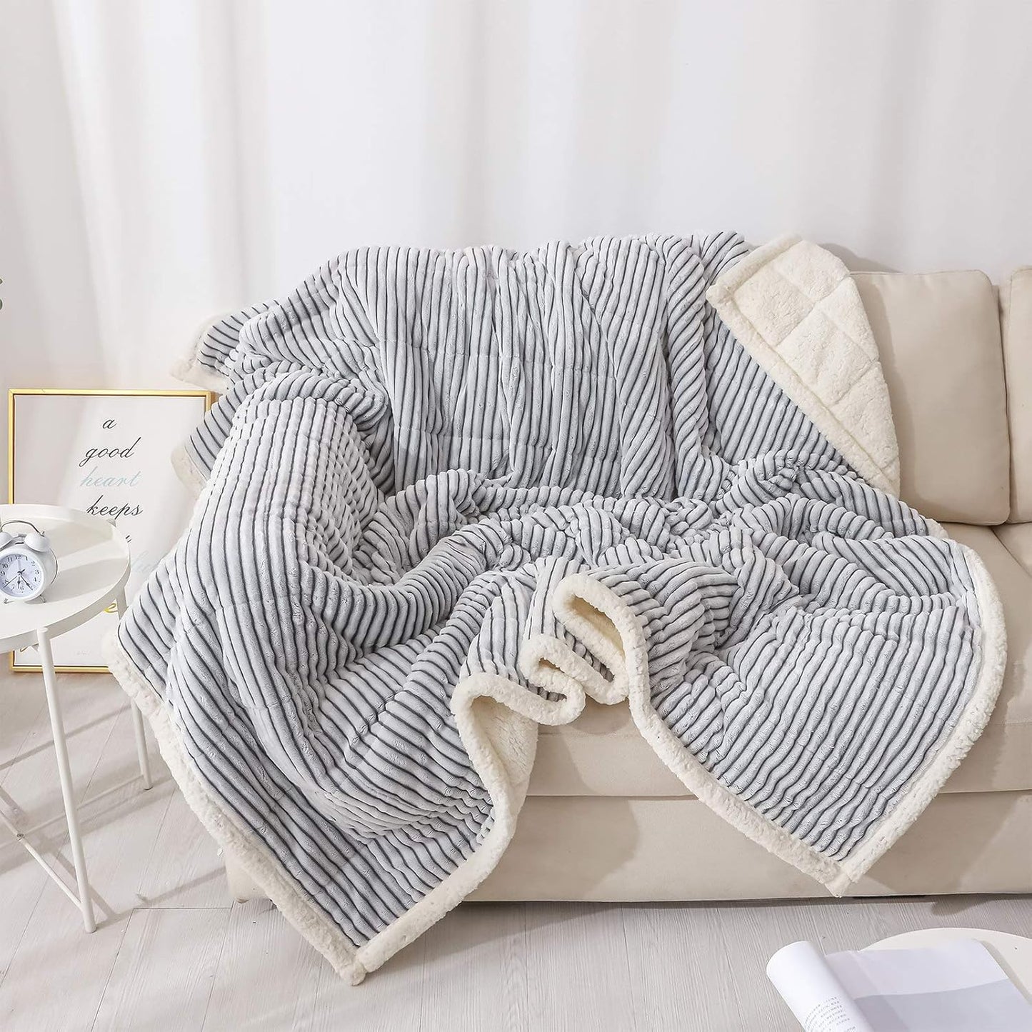 Sherpa Weighted Blanket 15 Pounds, Plush Fleece Minky 15 Lb Weighted Blankets Adult,60X80Queen Weighted Blanket 15 Lbs for Queen/King Size Bed with Grey White Strip, Soft Weighted Throw Blanket