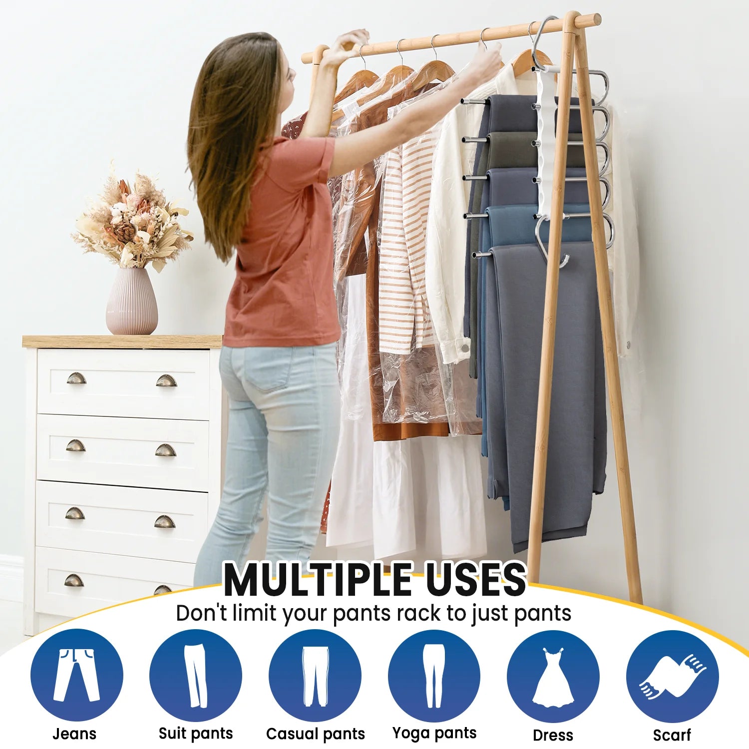 Clothes Hangers for Pants,5-Tier Space Saving with Anti-Slip Coated Rods,Stainless Steel & ABS Plastic,Foldable for Travel & Closet Organization,2 Pack,Black