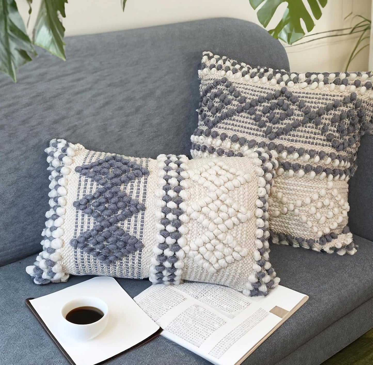 12X20 Inch Boho Throw Pillow Covers Set of 2 – Handmade Decorative Grey Woven Lumbar Cushion Covers for Couch Bed Sofa, Textured Accent Pillowcases for Living Room Decor