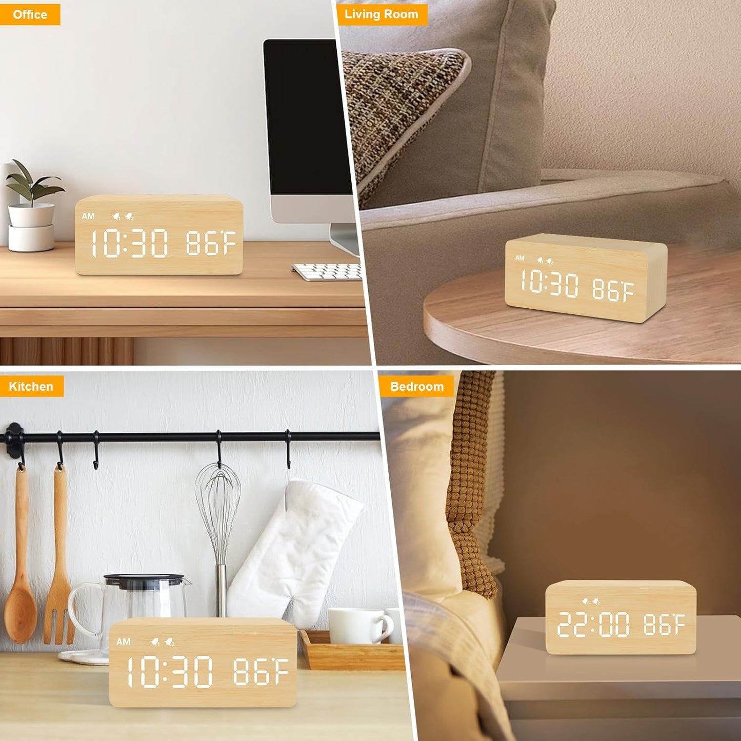 Digital Wooden Alarm Clock with Wireless Charging, 0-100% Dimmer, Dual Alarm, Weekday/Weekend Mode, Snooze, Wood LED Clocks for Bedroom, Bedside, Desk, Kids (Bamboo)