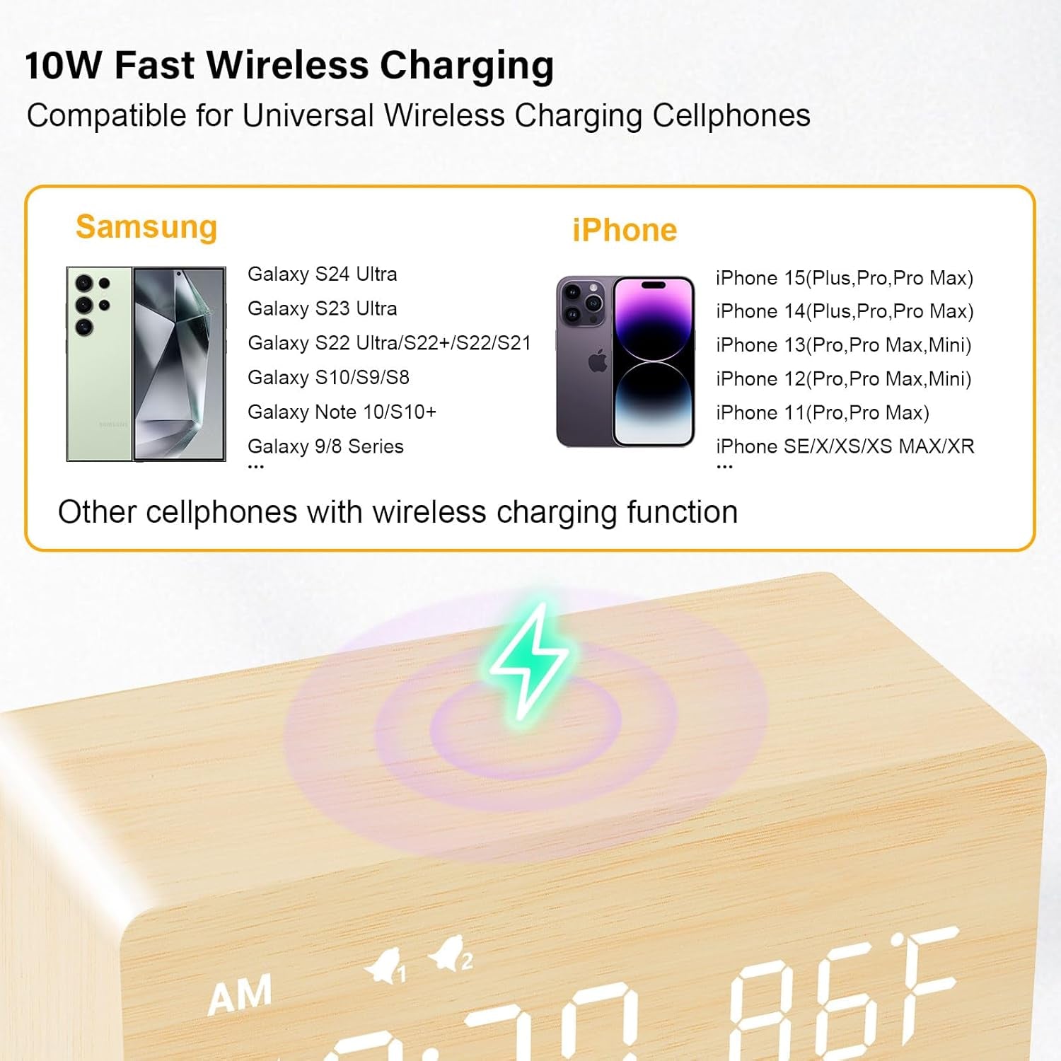 Digital Wooden Alarm Clock with Wireless Charging, 0-100% Dimmer, Dual Alarm, Weekday/Weekend Mode, Snooze, Wood LED Clocks for Bedroom, Bedside, Desk, Kids (Bamboo)