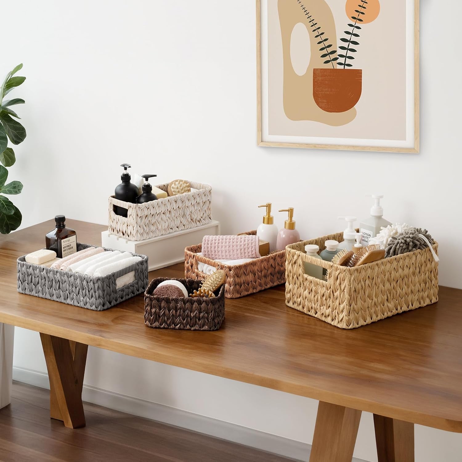 Storage Baskets for Shelves, Waterproof Basket Set for Organizing, Toilet Wicker Basket Tank Topper, Wicker Baskets with Handles, Dark Brown, 3-Pack