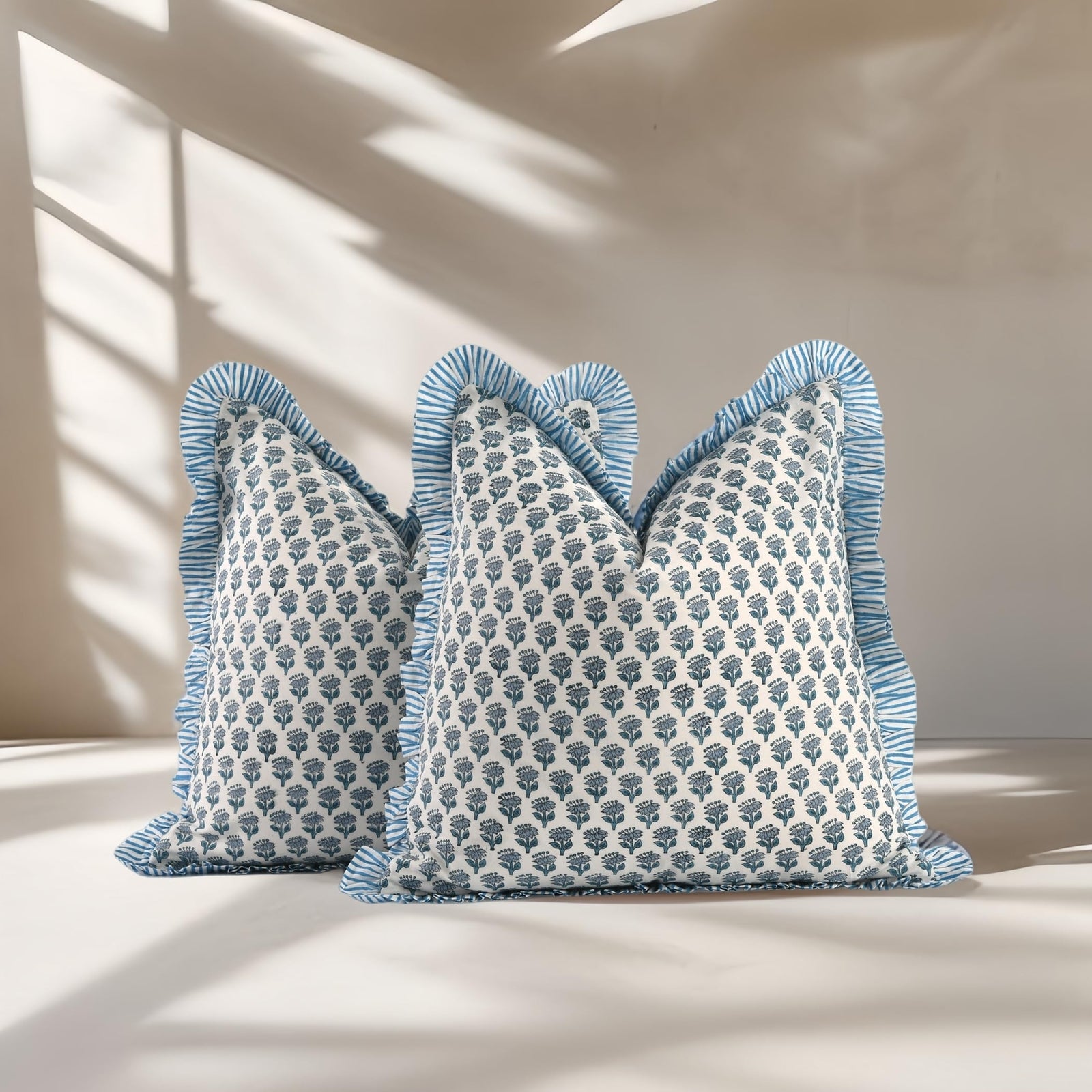 CPC Apatite Blue Ruffle Throw Pillow Covers for Couch, 20X20 Inch Cotton Stri...