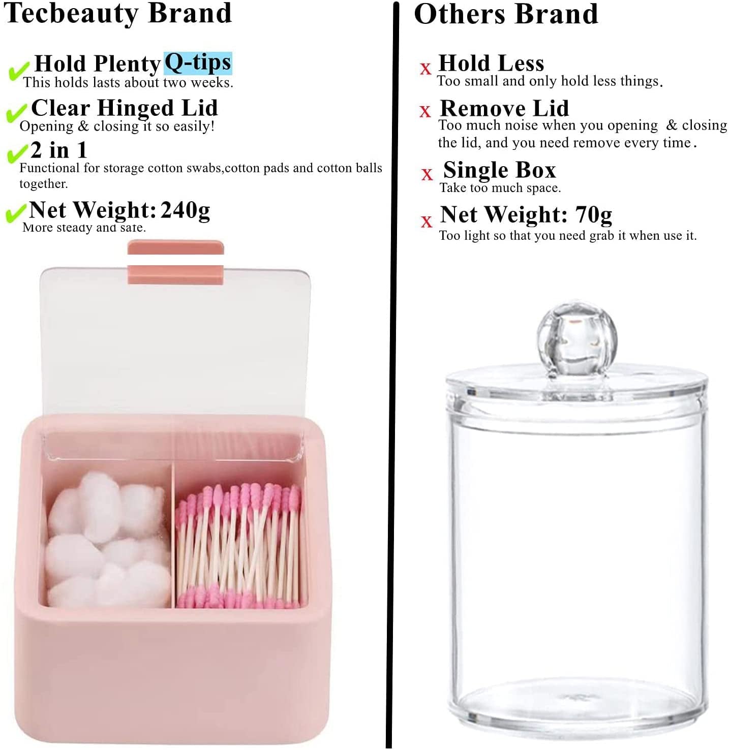 Qtips Storage Organizer - 2-Grid Dispenser with Hinged Lids for Swabs, Balls, Pads, Pink
