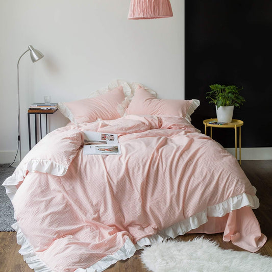 Pink White Lace Duvet Cover King 100% Washed Cotton 3 Pcs Set 1 Vintage Farmhouse Ruffle Duvet Cover with Zipper Ties 2 Pillow Shams Romantic Princess Ruffled Striped Bedding Set Soft