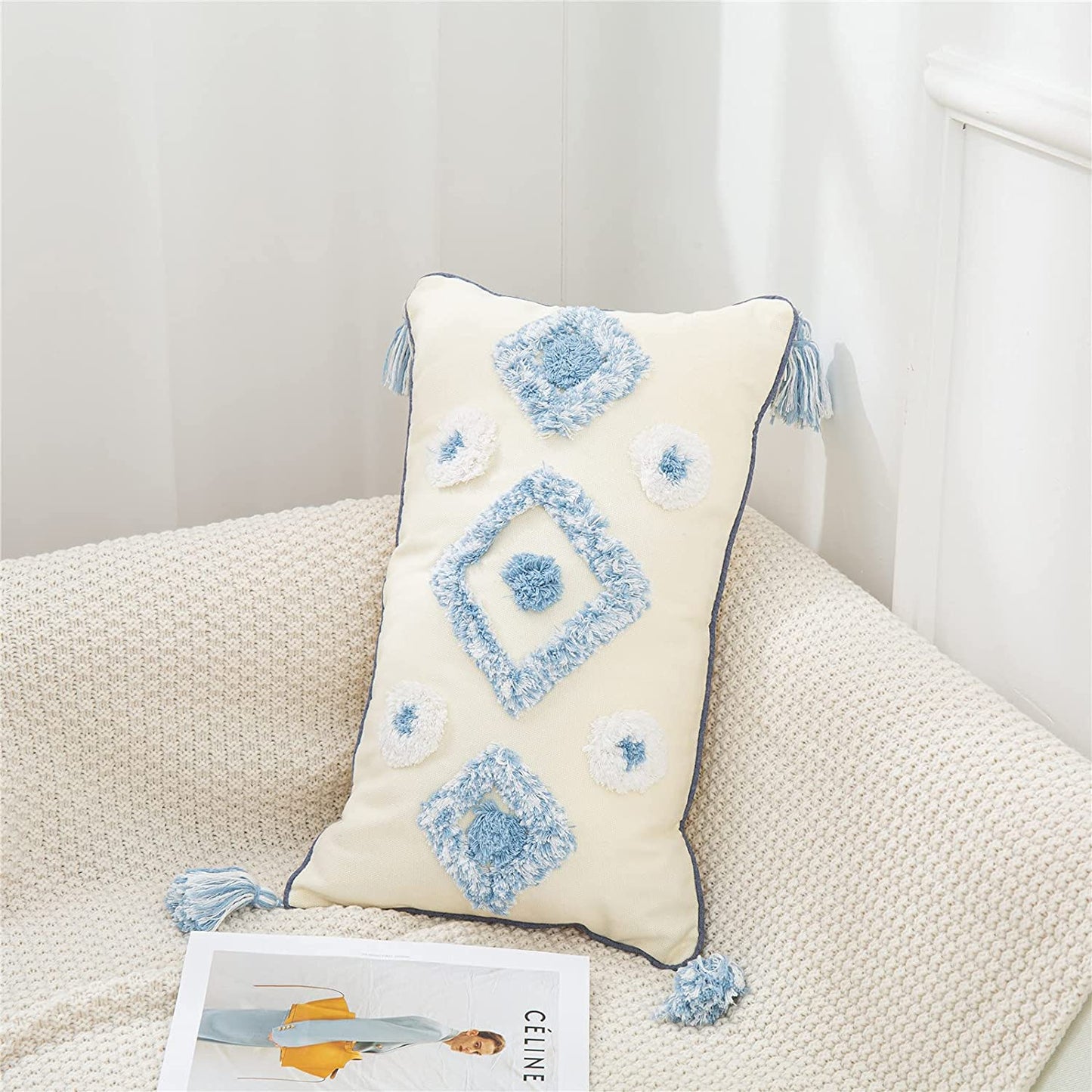 Tufted Lumbar Pillow Cover 12X20 Pillow Cover Tassels Textured Boho Pillows Decorative Throw Pillows Covers Bohemian Tribal Pillow Cases for Couch Bedroom Bed (White Cream Light Blue) -