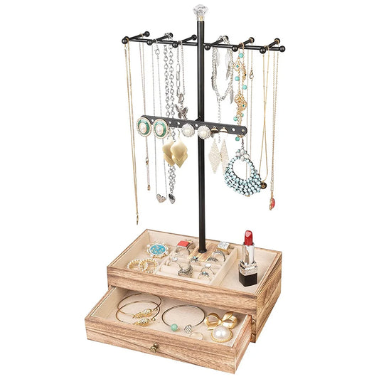 Jewelry Organizer Stand, 3-Tier Necklace Holder Jewelry Tree with Wooden Storage Drawer Box for Necklace Bracelet Earring Ring, Carbonized Black