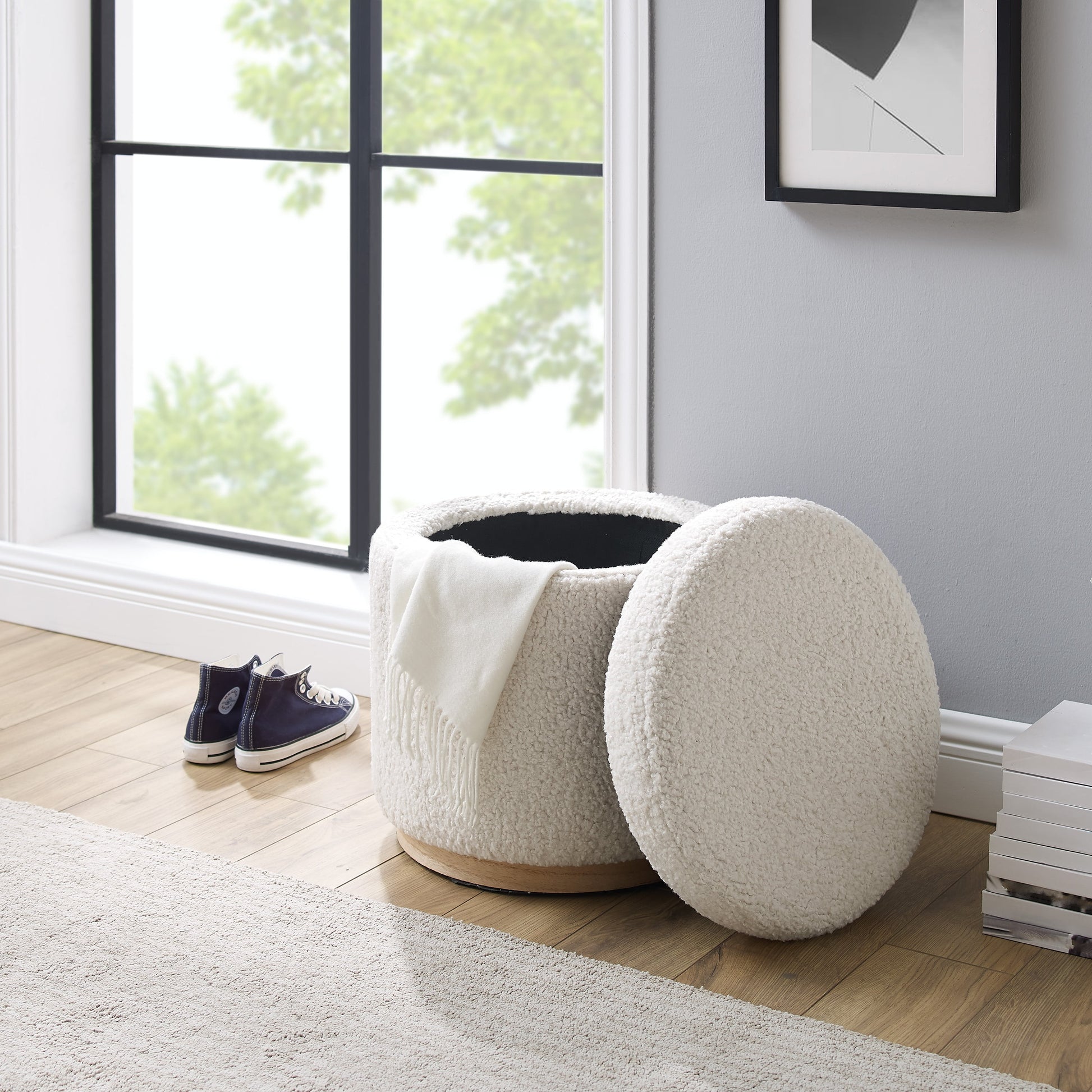 Primrose Faux Sherpa Storage Ottoman, Natural