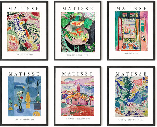 Matisse Prints with Frame - Set of 6 Matisse Poster, Contemporary Matisse Wall Art, Boho Vintage Posters for Room Aesthetic (Beige Frame, 11X14)
