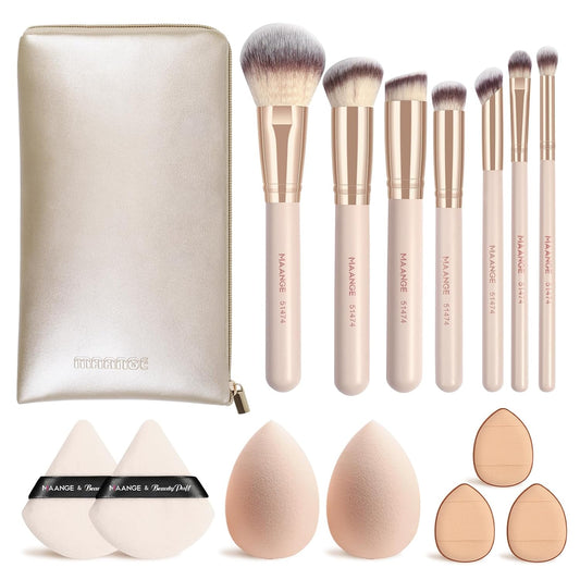 Makeup Brush Set 15 Pcs Makeup Tool Set Premium Synthetic Foundation Powder Concealers Eye Shadows Blush Brush Set with Makeup Brushes Bag (Beige)