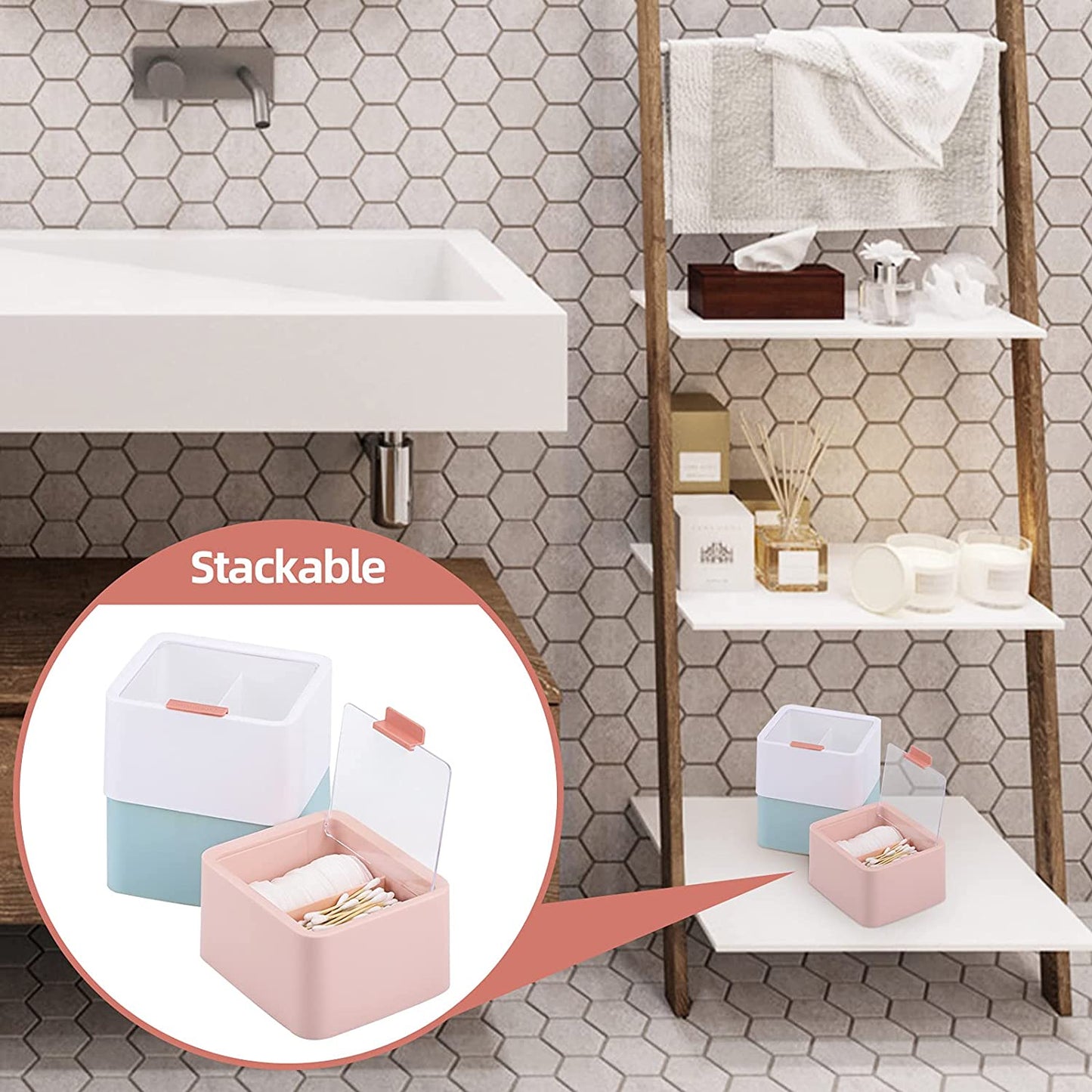 Qtips Storage Organizer - 2-Grid Dispenser with Hinged Lids for Swabs, Balls, Pads, Pink