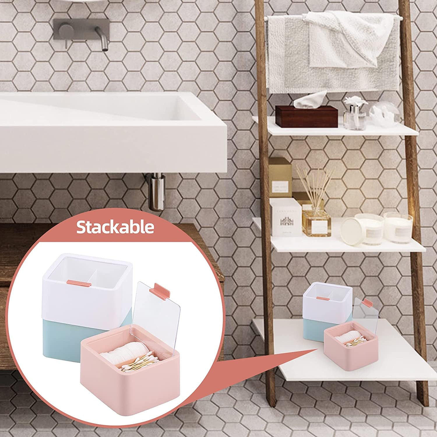 Qtips Storage Organizer - 2-Grid Dispenser with Hinged Lids for Swabs, Balls, Pads, Pink