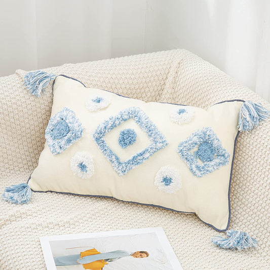 Tufted Lumbar Pillow Cover 12X20 Pillow Cover Tassels Textured Boho Pillows Decorative Throw Pillows Covers Bohemian Tribal Pillow Cases for Couch Bedroom Bed (White Cream Light Blue) -