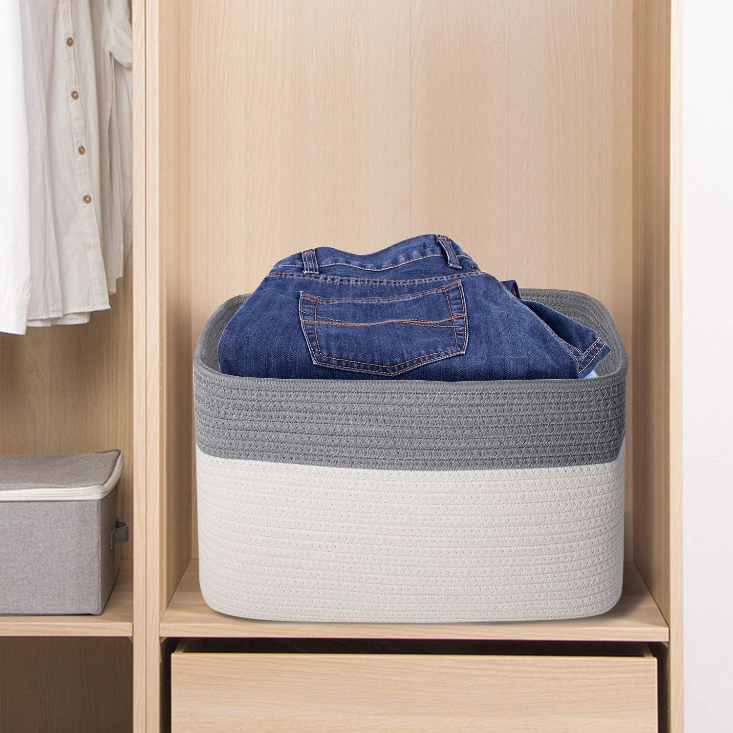3PCS Woven Cotton Rope Storage Baskets with Handles Large Washable Basket Set Decorative Storage Bins Boxes Blanket Clothes Towel Laundry Organizer Containers - White/Gray