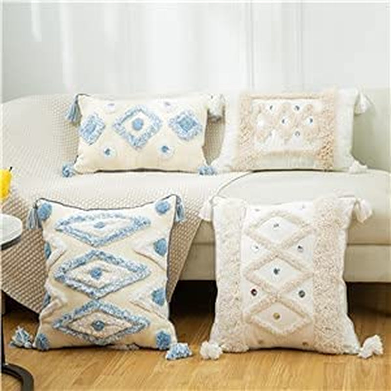 Tufted Lumbar Pillow Cover 12X20 Pillow Cover Tassels Textured Boho Pillows Decorative Throw Pillows Covers Bohemian Tribal Pillow Cases for Couch Bedroom Bed (White Cream Light Blue) -