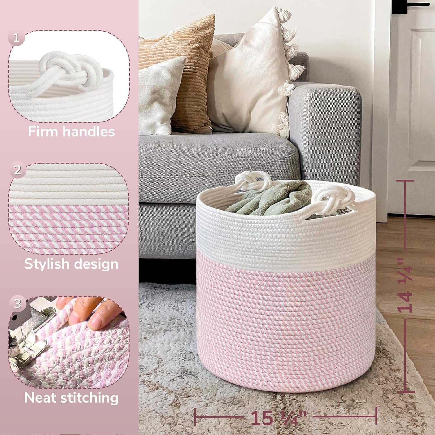 Baby Storage Basket, Pink Laundry Basket 15 X 14.2 Inches, Toy Basket for Clothes, Nursery Basket for Toys, Soft Woven Basket for Storage, Pink