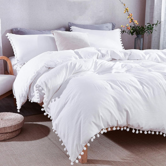 Pom Pom Fringe Duvet Cover Twin Size (66X90 Inch), 2 Pieces (1 Solid White Duvet Cover, 1 Pillowcase) Soft Washed Microfiber Duvet Cover Set with Zipper Closure, Corner Ties