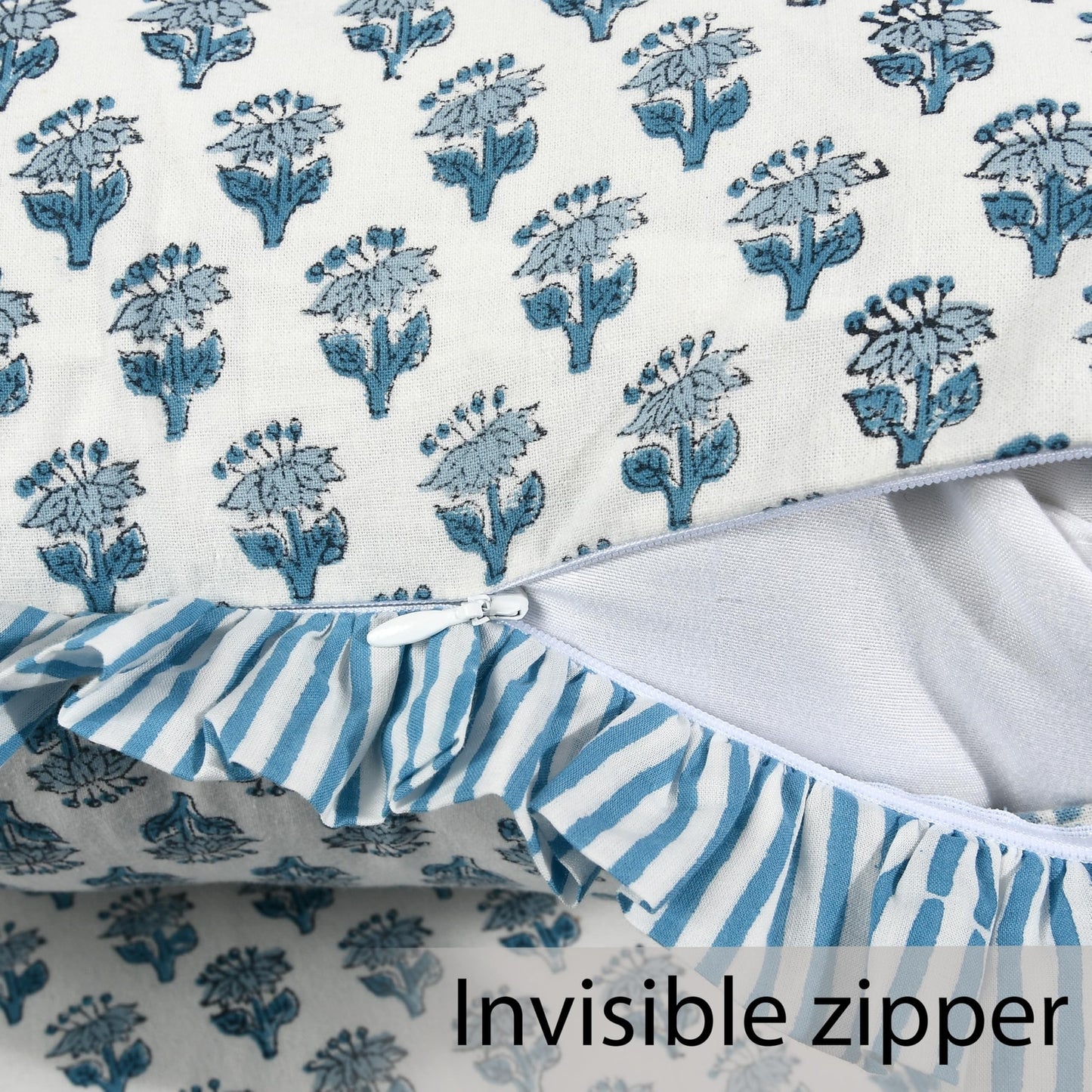 CPC Apatite Blue Ruffle Throw Pillow Covers for Couch, 20X20 Inch Cotton Stri...