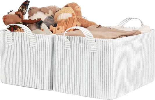 Storage Bins, Shelves Baskets for Organizing, Fabric Closet Organizers with Handles, Metal Frame, Gray and White Stripes, 2-Pack