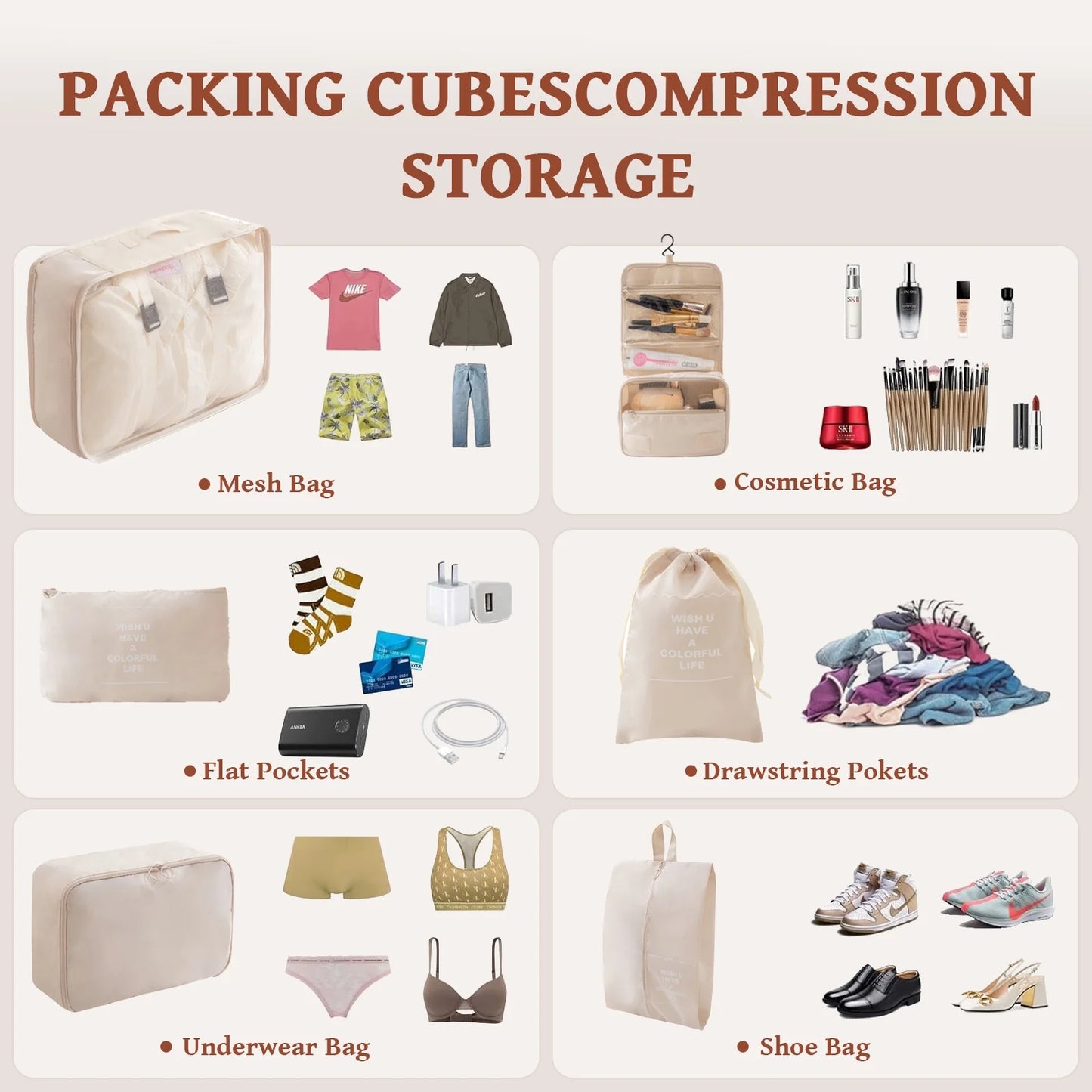 Packing Cubes - 9 PCS Travel Pouch Set, Compression Bags for Travel, Suitcase Essentials Organizer Bags Set, Beige
