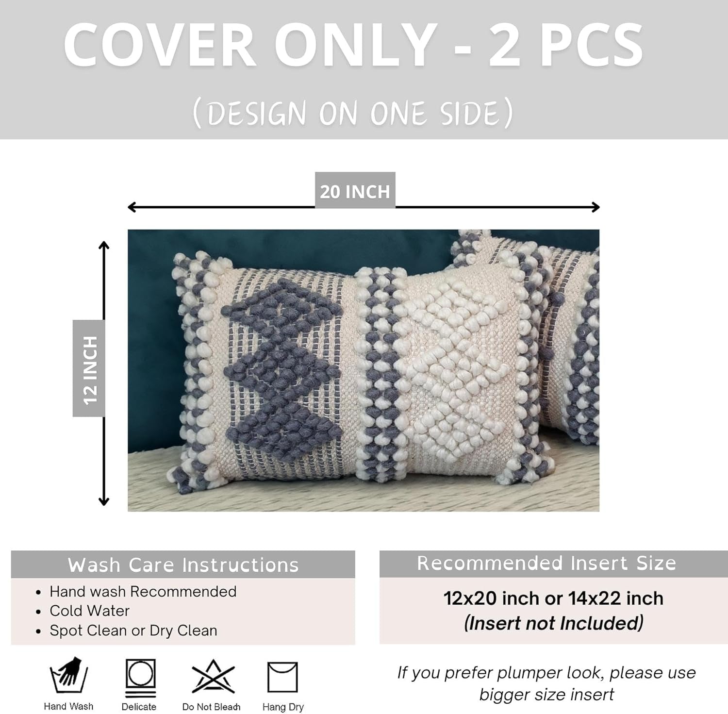 12X20 Inch Boho Throw Pillow Covers Set of 2 – Handmade Decorative Grey Woven Lumbar Cushion Covers for Couch Bed Sofa, Textured Accent Pillowcases for Living Room Decor