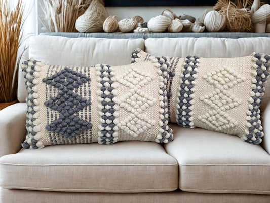 12X20 Inch Boho Throw Pillow Covers Set of 2 – Handmade Decorative Grey Woven Lumbar Cushion Covers for Couch Bed Sofa, Textured Accent Pillowcases for Living Room Decor