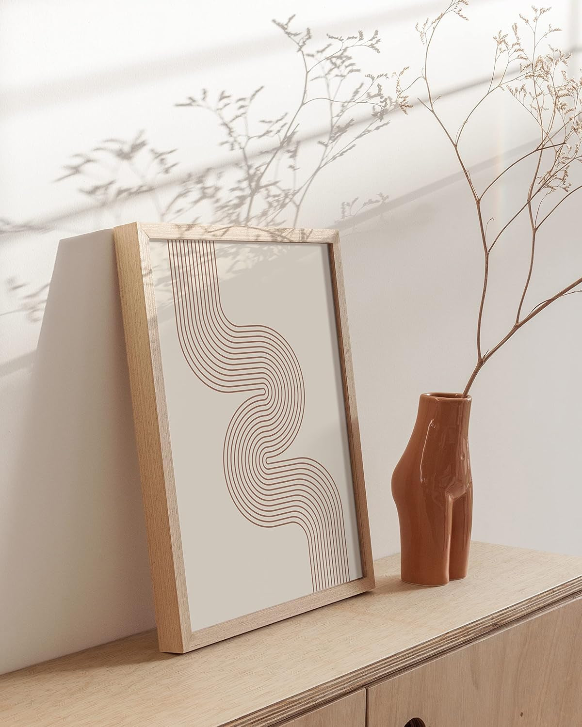 Line Art Mid Century Modern Wall Decor - Boho Prints Wall Art Abstract Geometric Wall Decor Line Art Prints Modern Boho Art Snaking River from Top Left (Beige Framed, 12X16)