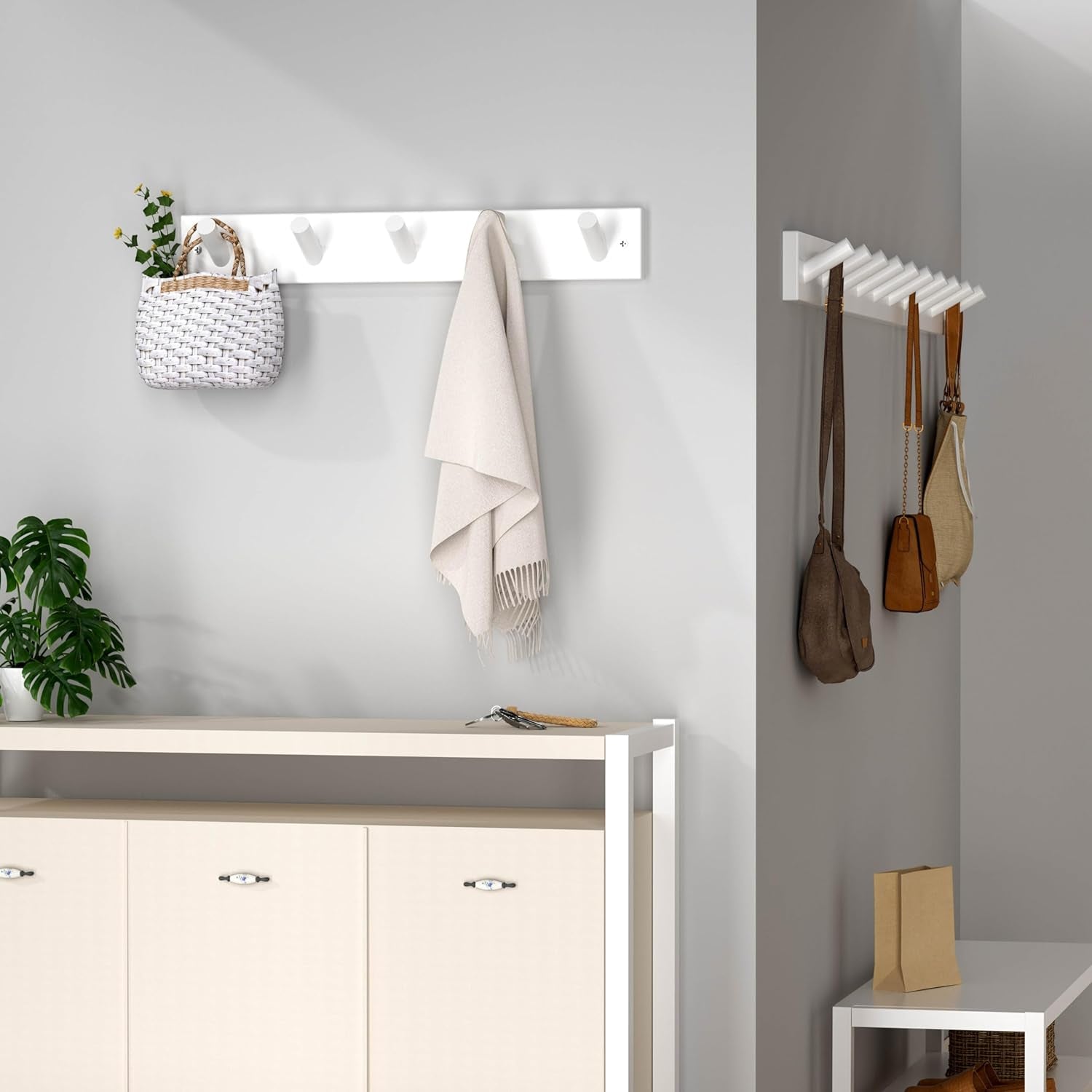 Wooden Wall Mounted Coat Rack,16'' Hole to Hole, 5 Pegs Bamboo Wall Hook for Hanging Clothes Robes Towels Hats,White