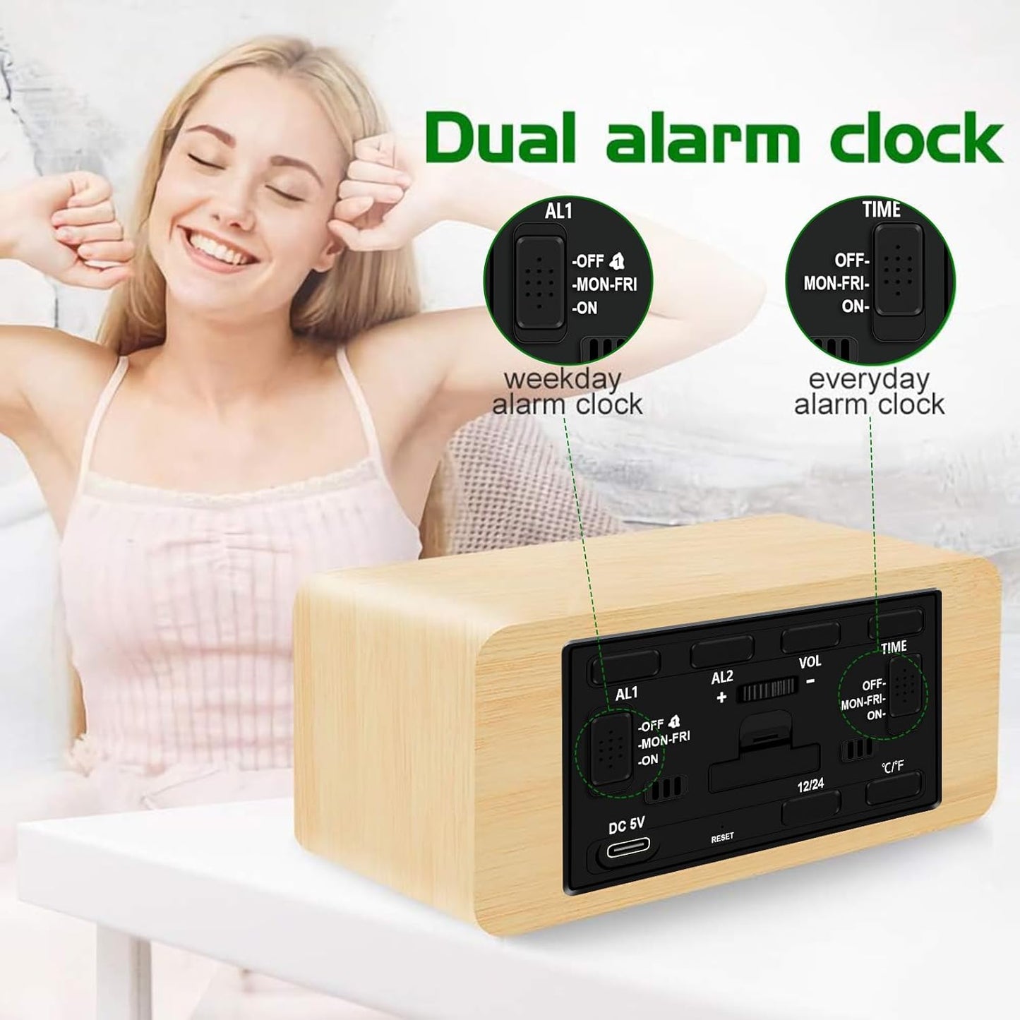 Digital Wooden Alarm Clock with Wireless Charging, 0-100% Dimmer, Dual Alarm, Weekday/Weekend Mode, Snooze, Wood LED Clocks for Bedroom, Bedside, Desk, Kids (Bamboo)