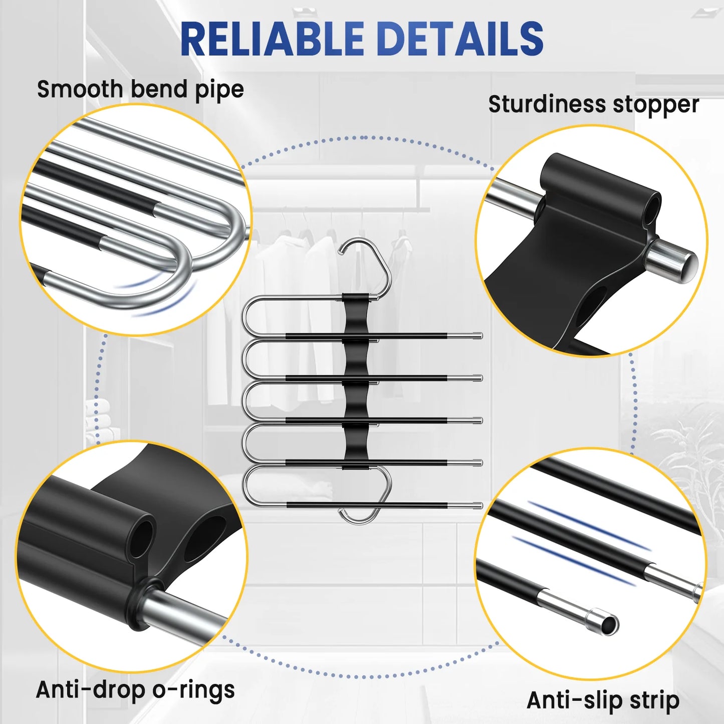 Clothes Hangers for Pants,5-Tier Space Saving with Anti-Slip Coated Rods,Stainless Steel & ABS Plastic,Foldable for Travel & Closet Organization,2 Pack,Black
