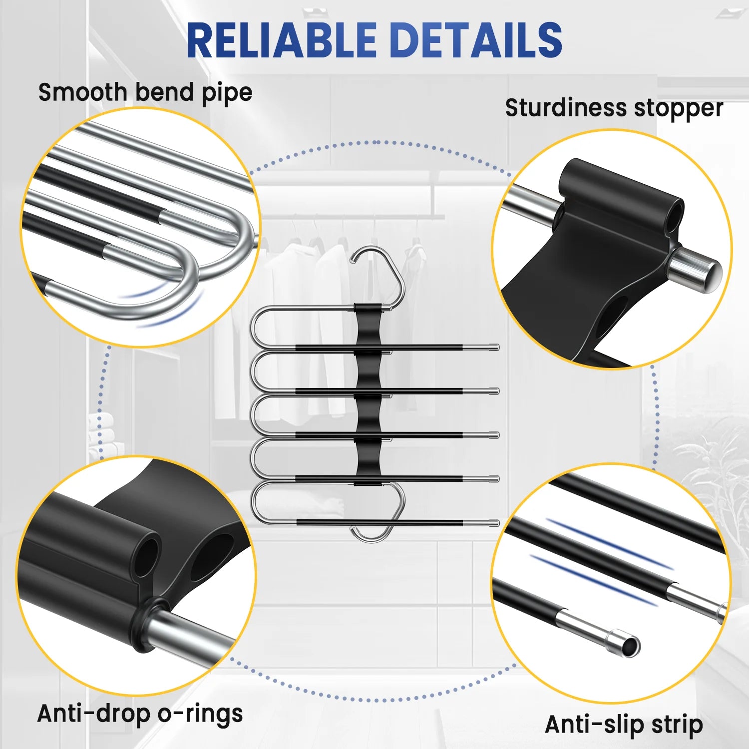 Clothes Hangers for Pants,5-Tier Space Saving with Anti-Slip Coated Rods,Stainless Steel & ABS Plastic,Foldable for Travel & Closet Organization,2 Pack,Black