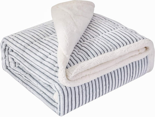 Sherpa Weighted Blanket 15 Pounds, Plush Fleece Minky 15 Lb Weighted Blankets Adult,60X80Queen Weighted Blanket 15 Lbs for Queen/King Size Bed with Grey White Strip, Soft Weighted Throw Blanket