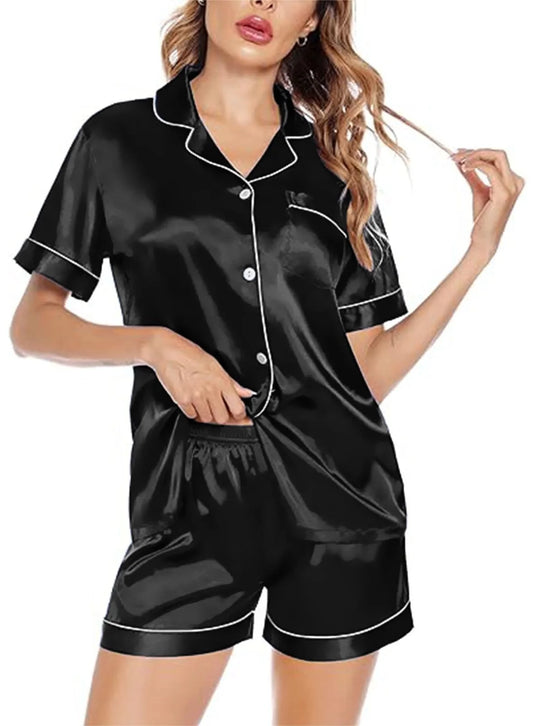 Satin Pajamas for Women,  Womens Pajama Sets, Soft Short Sleeve Button down Pajama Set Two-Piece Womens Pajamas