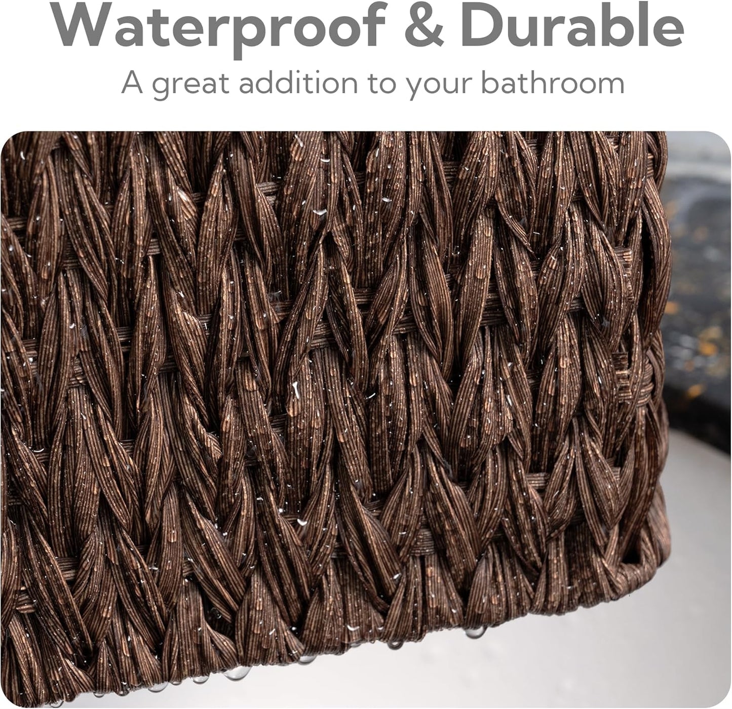 Storage Baskets for Shelves, Waterproof Basket Set for Organizing, Toilet Wicker Basket Tank Topper, Wicker Baskets with Handles, Dark Brown, 3-Pack