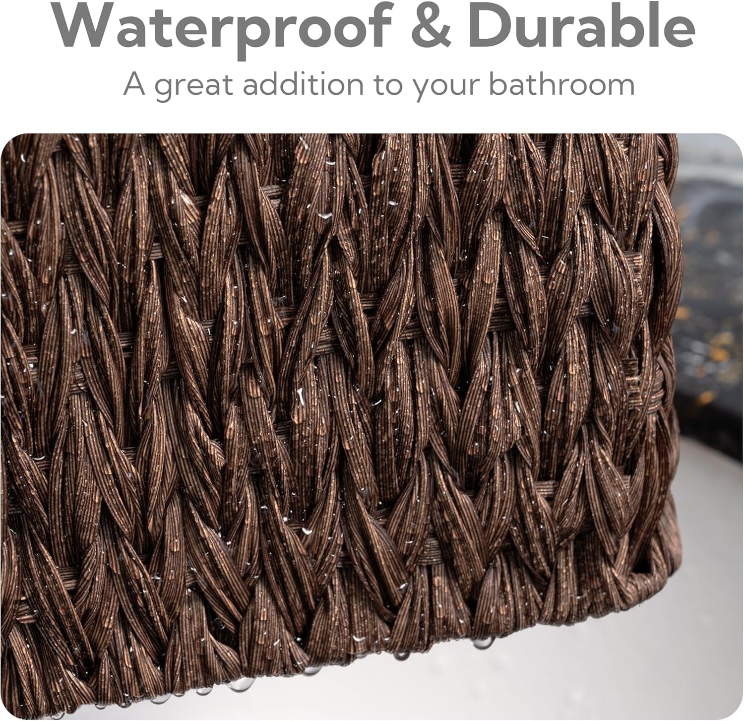 Storage Baskets for Shelves, Waterproof Basket Set for Organizing, Toilet Wicker Basket Tank Topper, Wicker Baskets with Handles, Dark Brown, 3-Pack