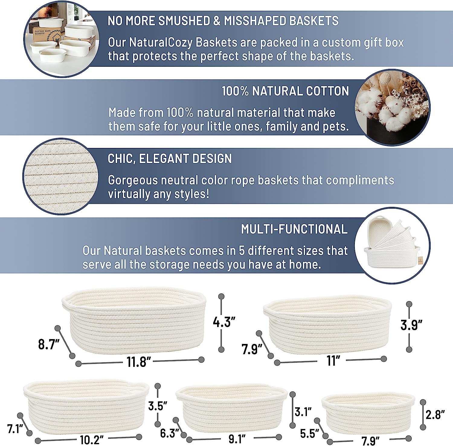 5-Piece Rectangle Storage Basket Set- Natural Cotton Rope Woven for Organizing! Small Basket for Montessori, Baby Nursery, Dog Toy Baskets, Cat Toy Box, Bathroom Organization Bin