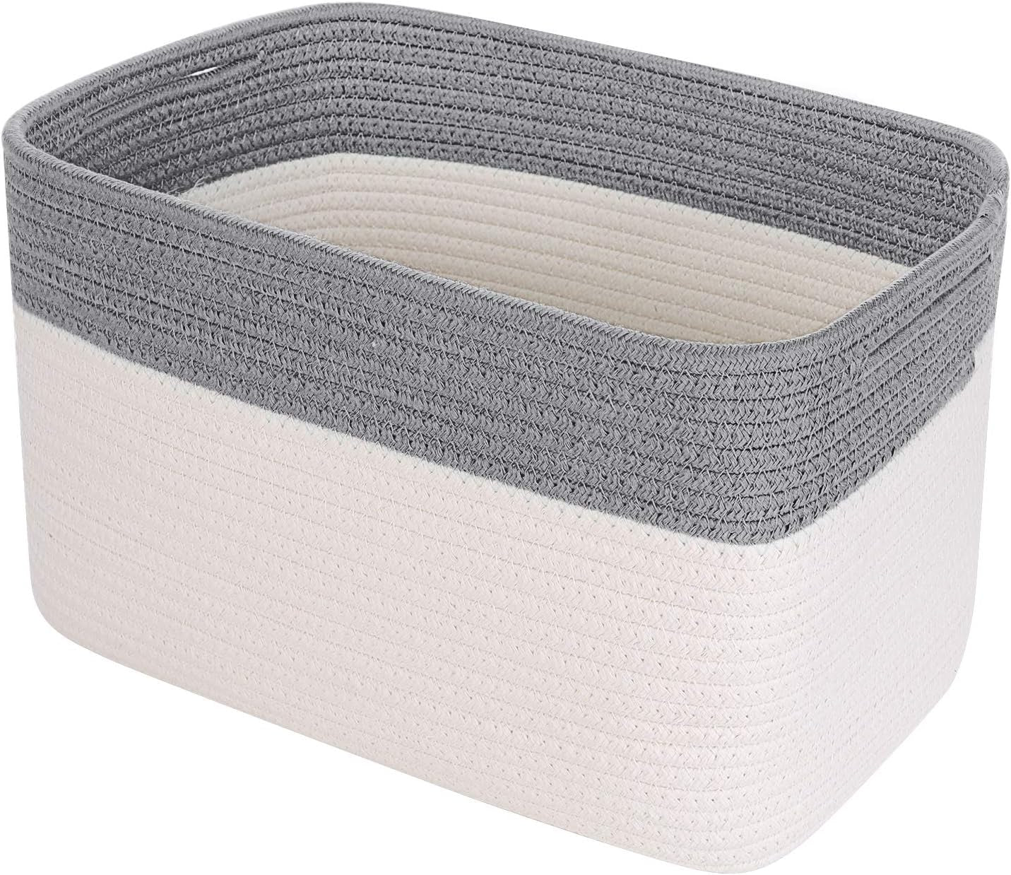 3PCS Woven Cotton Rope Storage Baskets with Handles Large Washable Basket Set Decorative Storage Bins Boxes Blanket Clothes Towel Laundry Organizer Containers - White/Gray