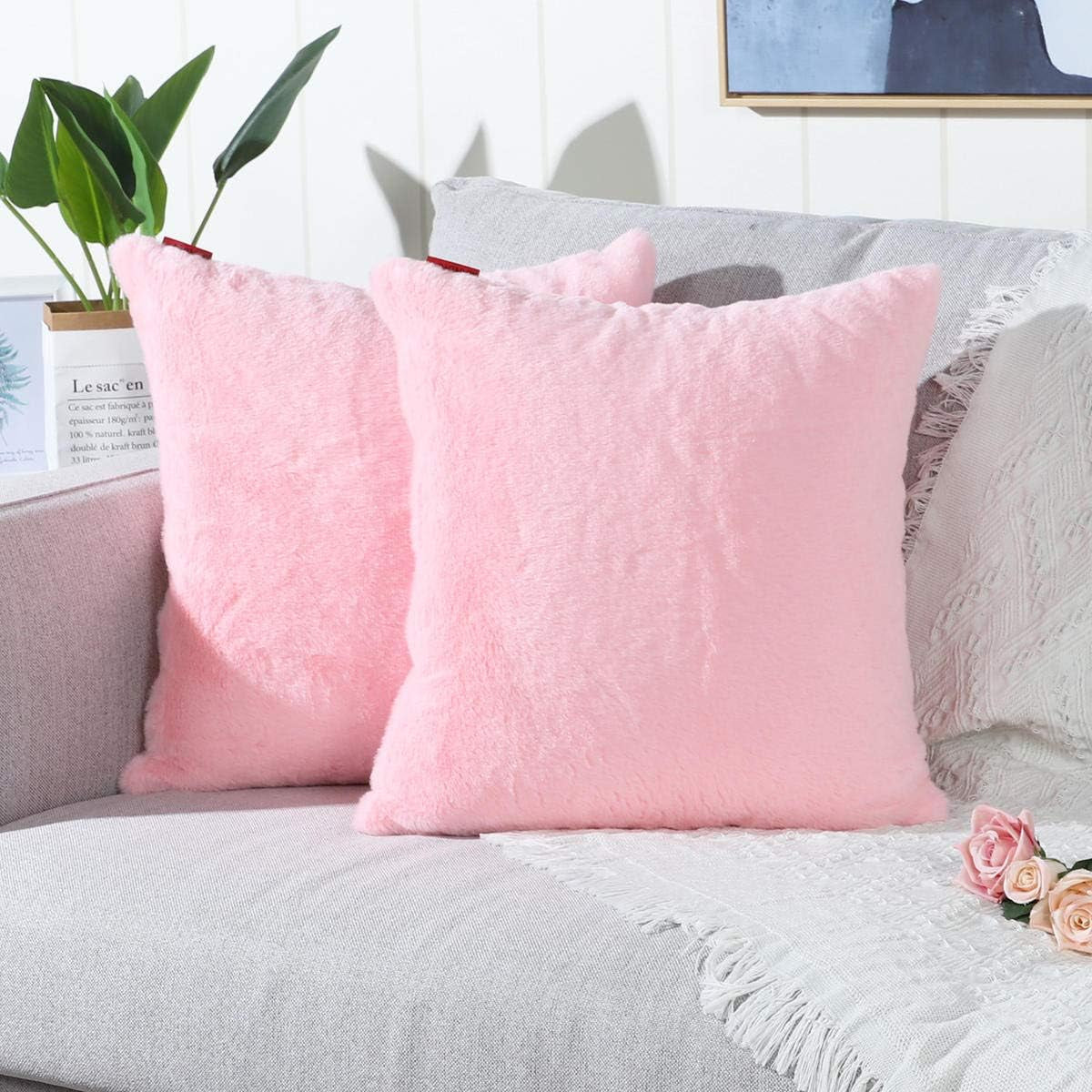 Pack of 2 Pink Faux Fur Fuzzy Cozy Soft Decorative Throw Pillow Covers Set Cushion Cases Pillowcases for Sofa Bedroom Car 20X20 Inches