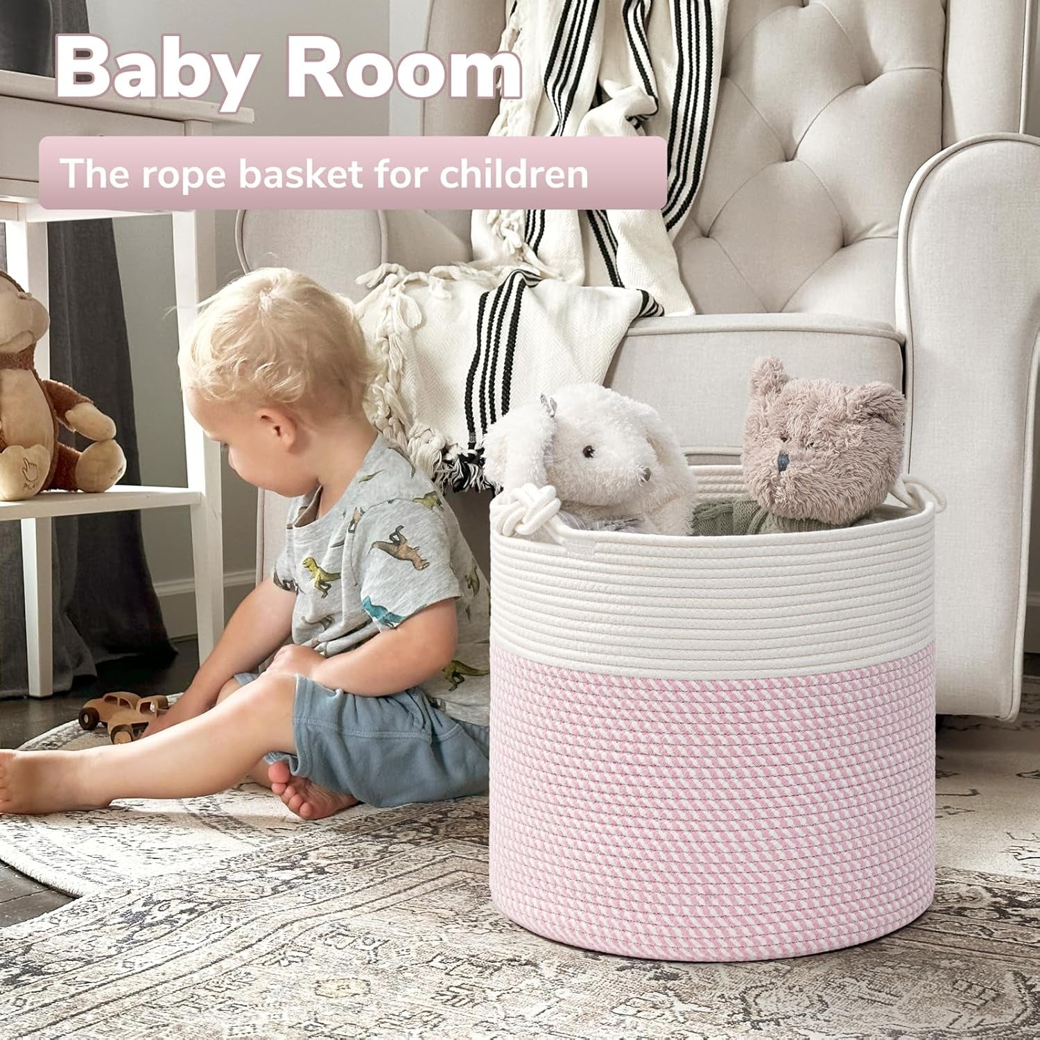 Baby Storage Basket, Pink Laundry Basket 15 X 14.2 Inches, Toy Basket for Clothes, Nursery Basket for Toys, Soft Woven Basket for Storage, Pink