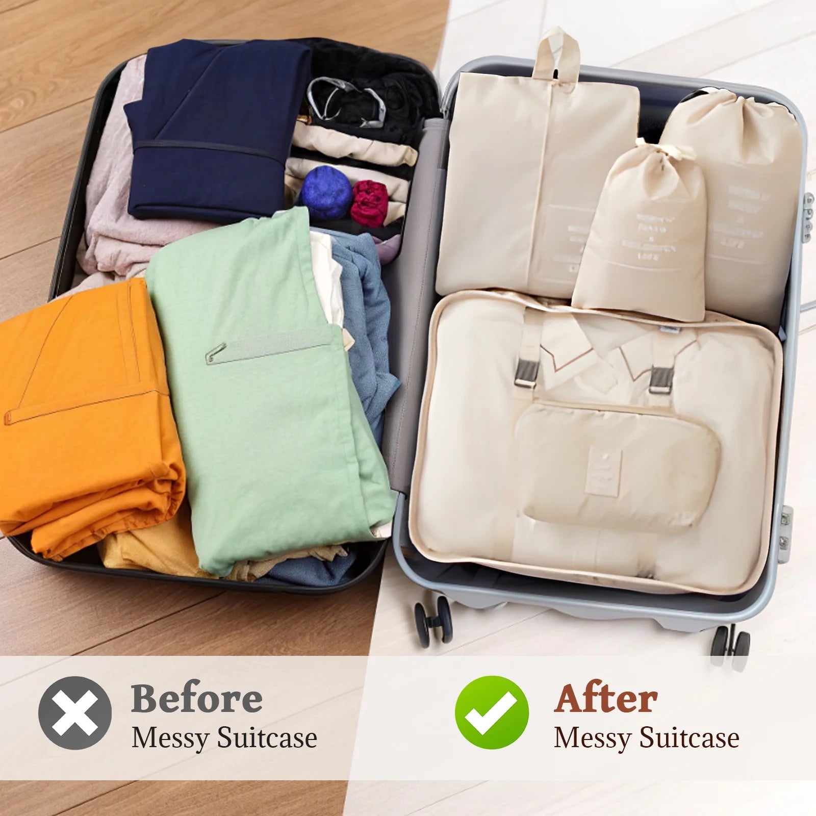 Packing Cubes - 9 PCS Travel Pouch Set, Compression Bags for Travel, Suitcase Essentials Organizer Bags Set, Beige