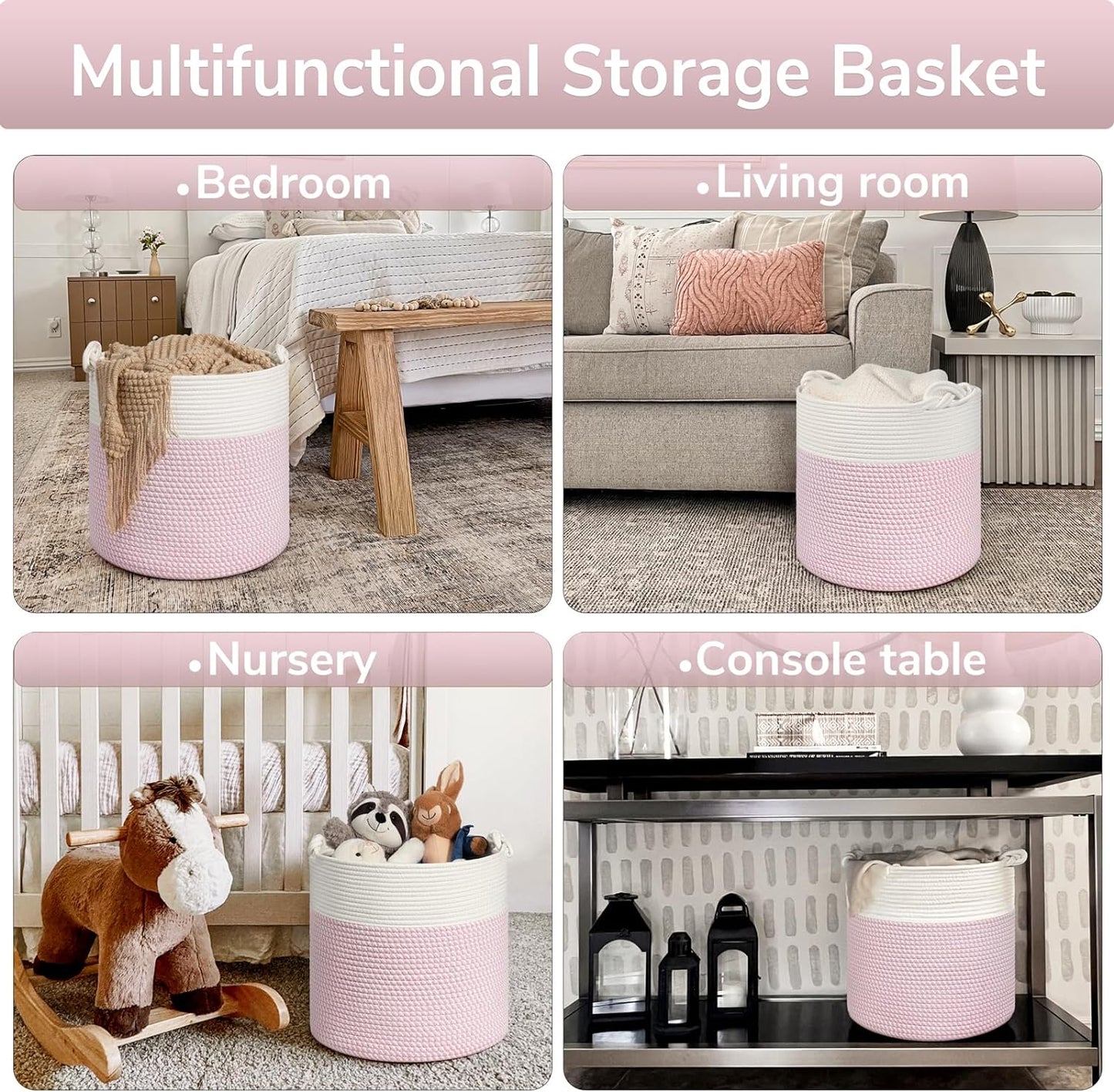 Baby Storage Basket, Pink Laundry Basket 15 X 14.2 Inches, Toy Basket for Clothes, Nursery Basket for Toys, Soft Woven Basket for Storage, Pink