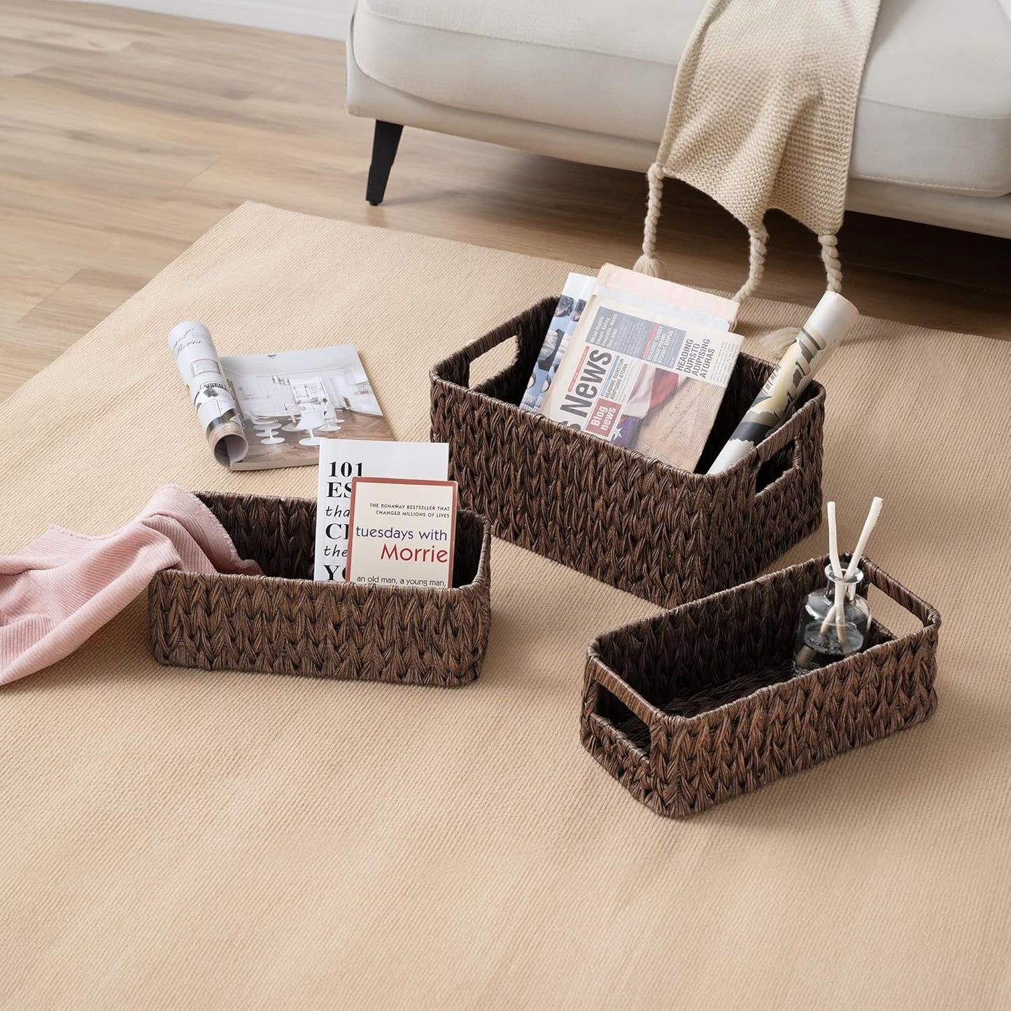 Storage Baskets for Shelves, Waterproof Basket Set for Organizing, Toilet Wicker Basket Tank Topper, Wicker Baskets with Handles, Dark Brown, 3-Pack