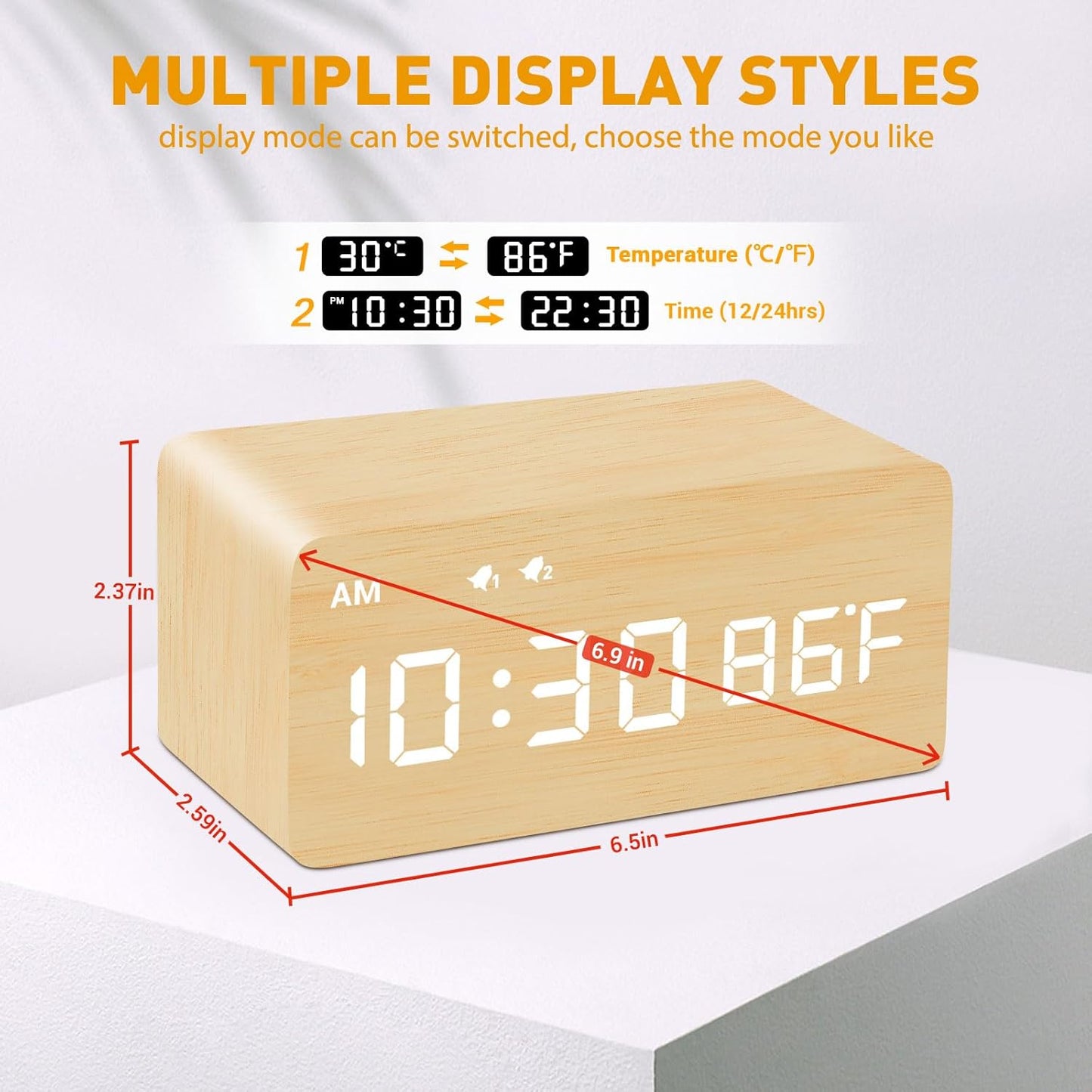 Digital Wooden Alarm Clock with Wireless Charging, 0-100% Dimmer, Dual Alarm, Weekday/Weekend Mode, Snooze, Wood LED Clocks for Bedroom, Bedside, Desk, Kids (Bamboo)