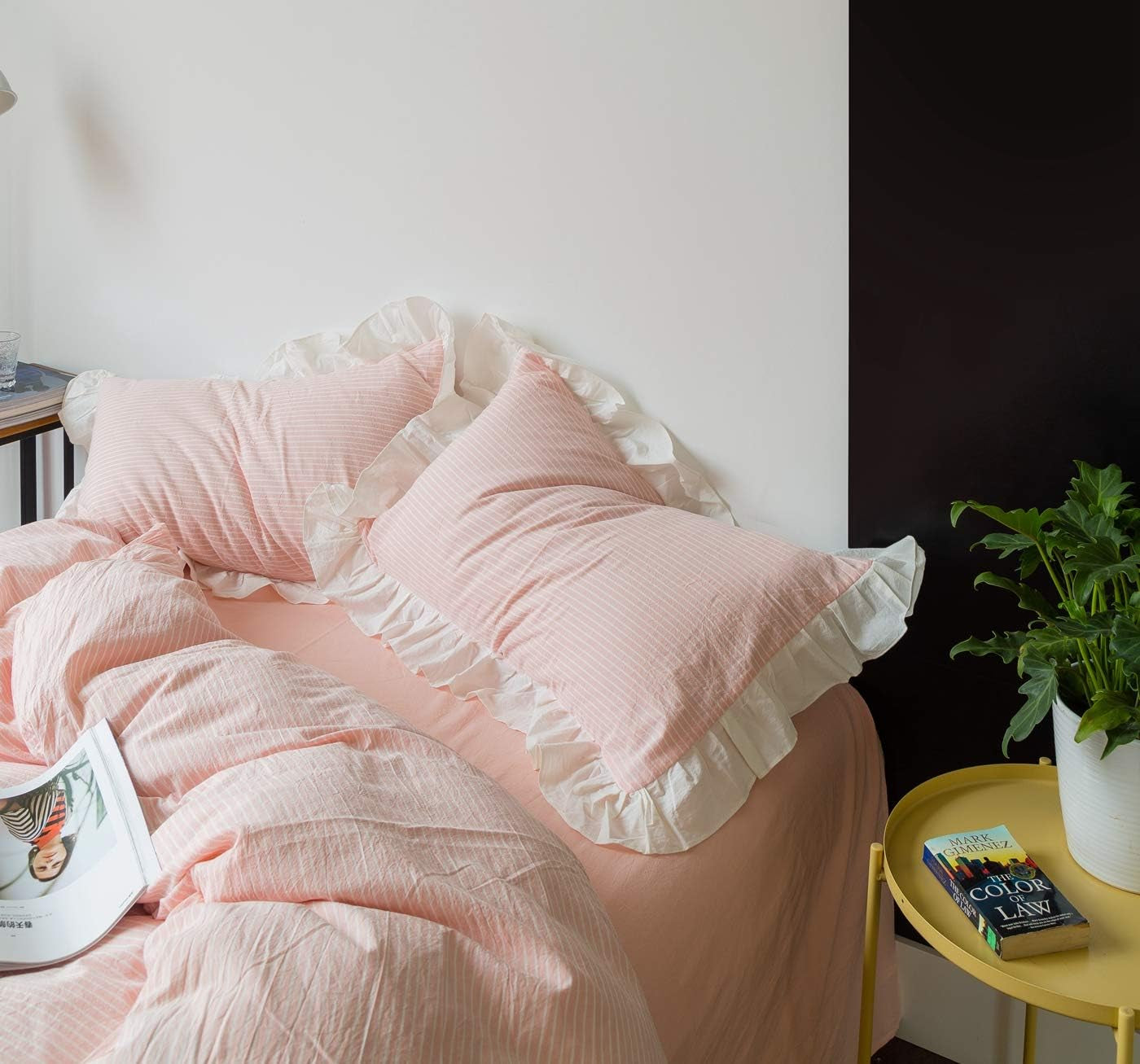 Pink White Lace Duvet Cover King 100% Washed Cotton 3 Pcs Set 1 Vintage Farmhouse Ruffle Duvet Cover with Zipper Ties 2 Pillow Shams Romantic Princess Ruffled Striped Bedding Set Soft
