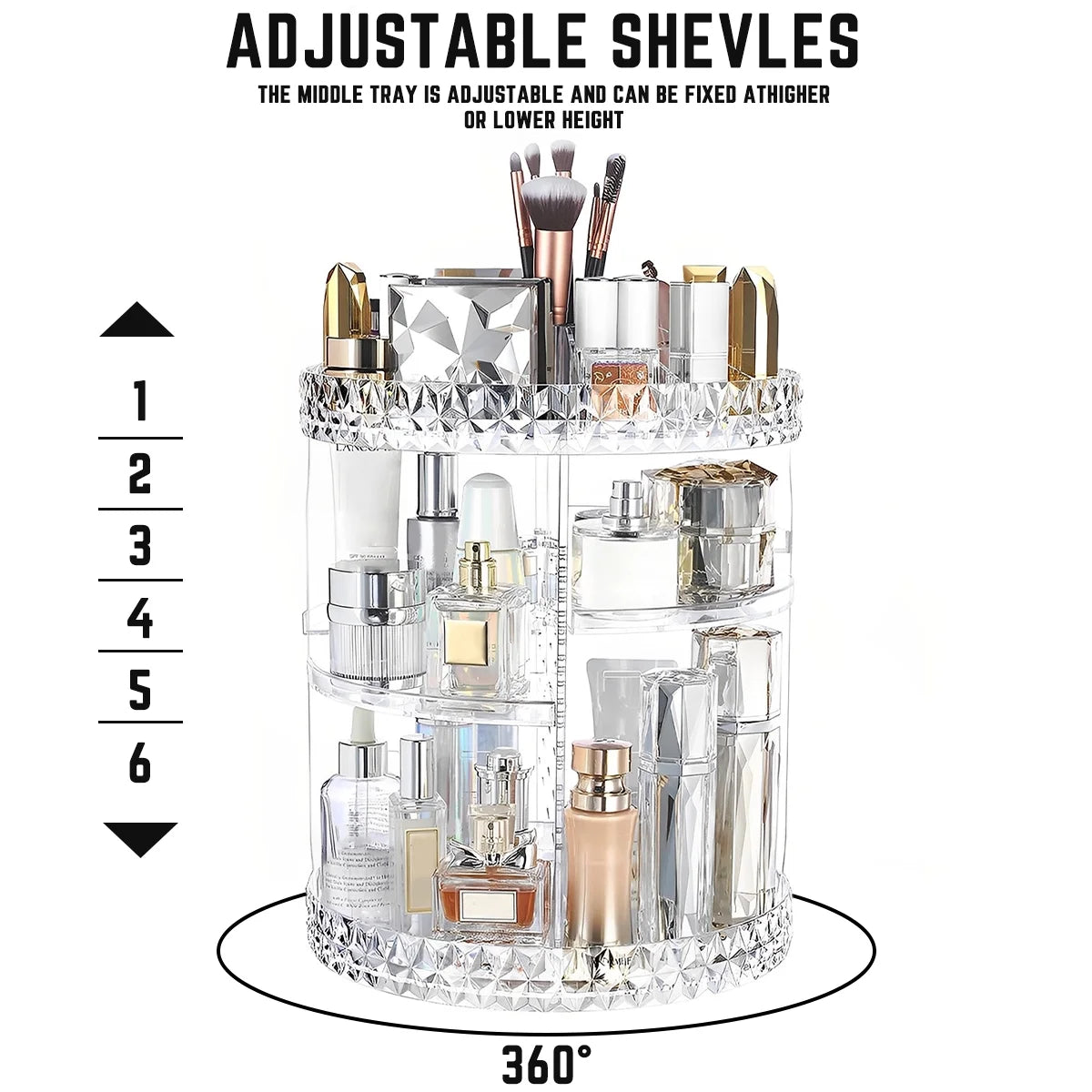3 Tiers Rotating Makeup Organizer with Compartment 360° Spinning Makeup Stand Reusable Spinning Storage Display Case Clear