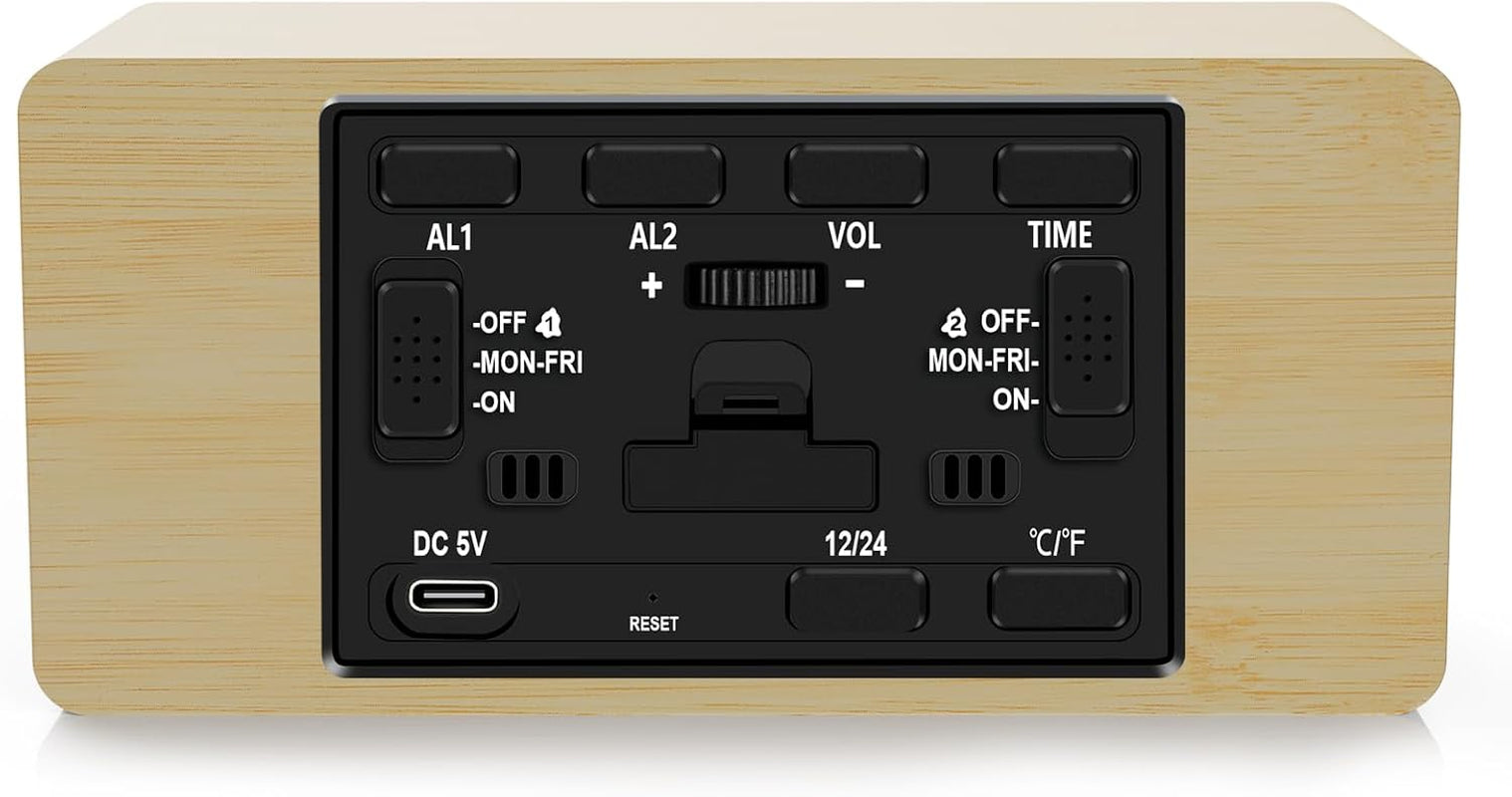 Digital Wooden Alarm Clock with Wireless Charging, 0-100% Dimmer, Dual Alarm, Weekday/Weekend Mode, Snooze, Wood LED Clocks for Bedroom, Bedside, Desk, Kids (Bamboo)